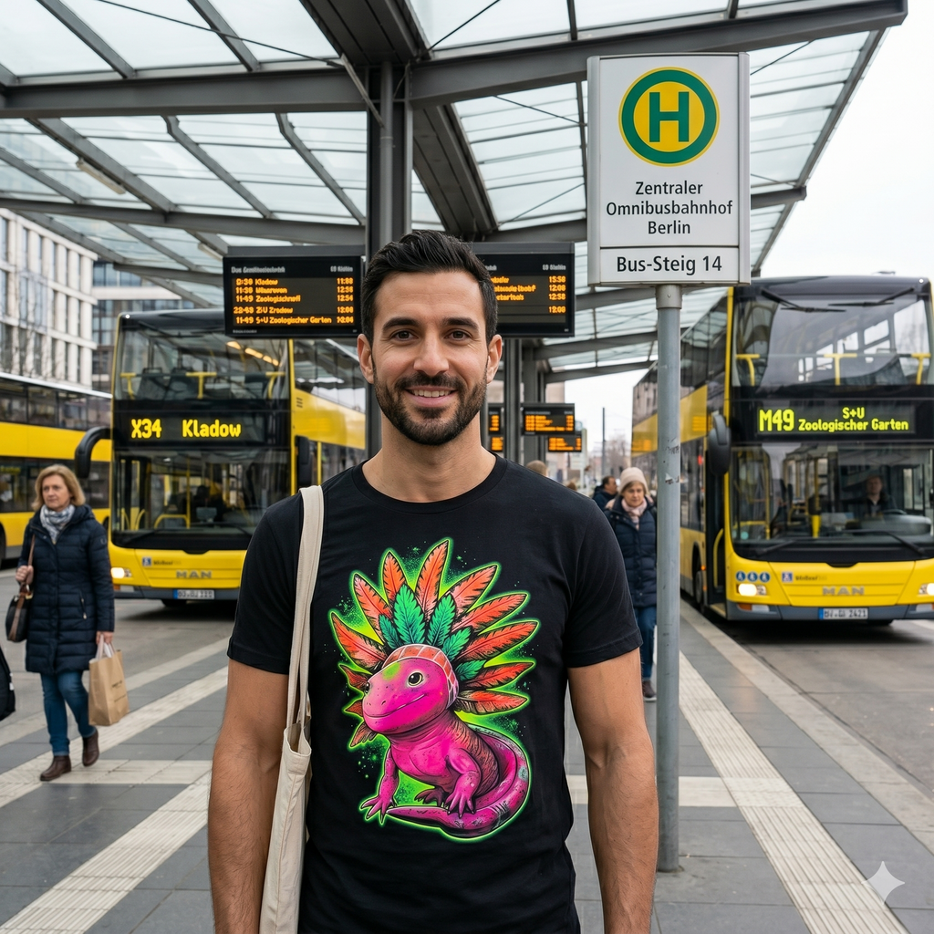 Un homme à une station de bus à Berlin portant le t-shirt noir Les Ateliers Beccar avec l'illustration d'un lézard rose et plumes vertes, style moderne et universel.