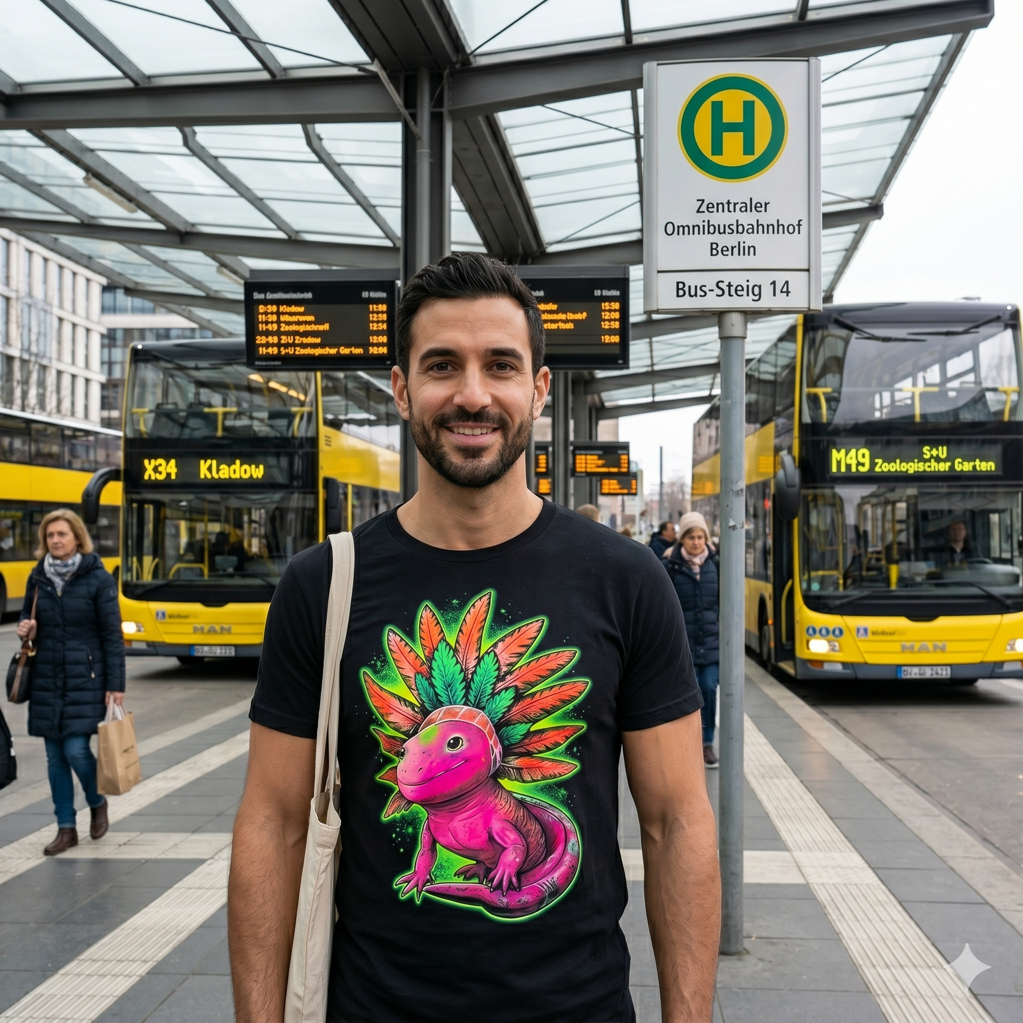 Un homme à une station de bus à Berlin portant le t-shirt noir Les Ateliers Beccar avec l'illustration d'un lézard rose et plumes vertes, style moderne et universel.