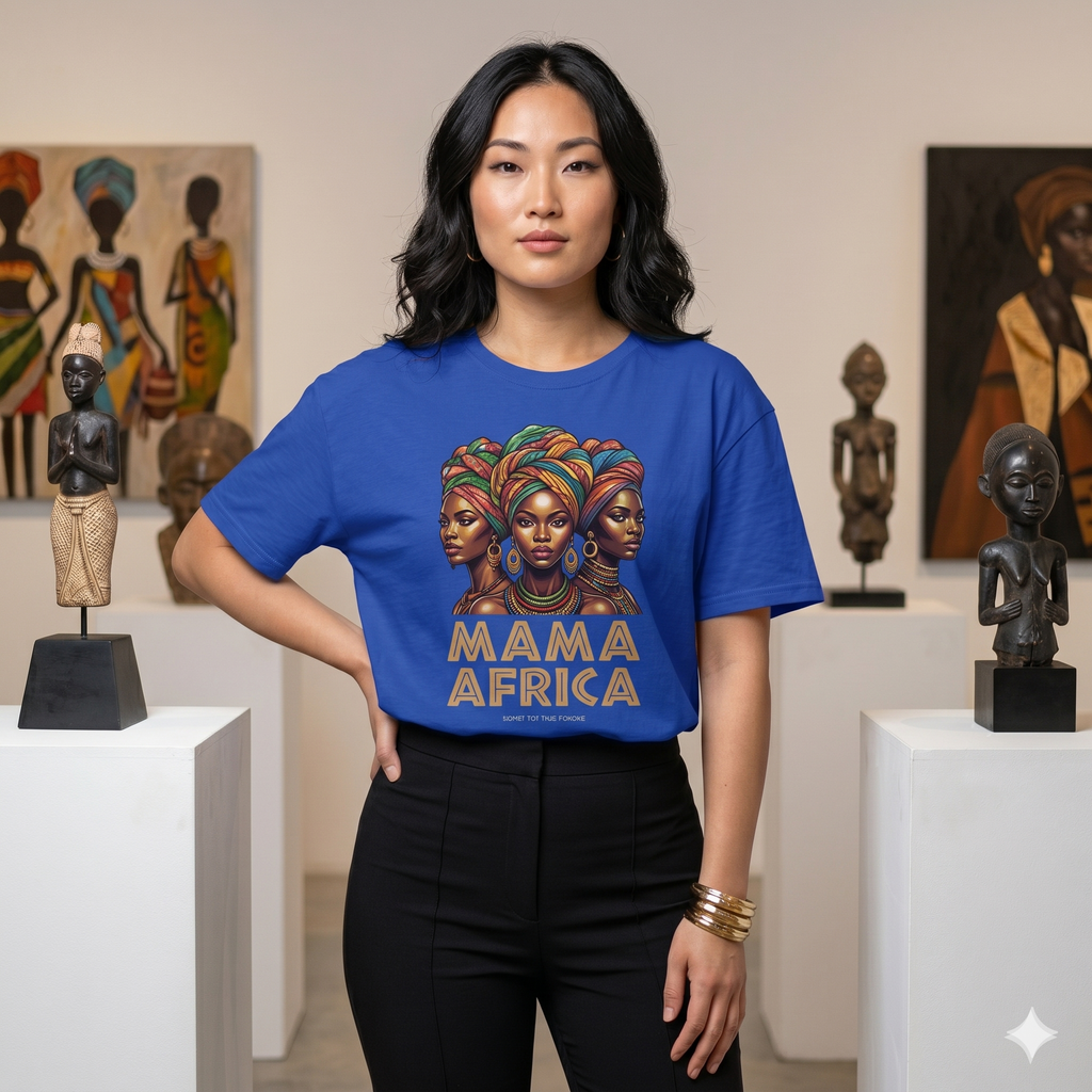 "T-shirt unisexe bleu roi avec illustration graphique Mama Africa représentant trois femmes africaines avec coiffes traditionnelles, porté par un mannequin dans une galerie d'art africain."