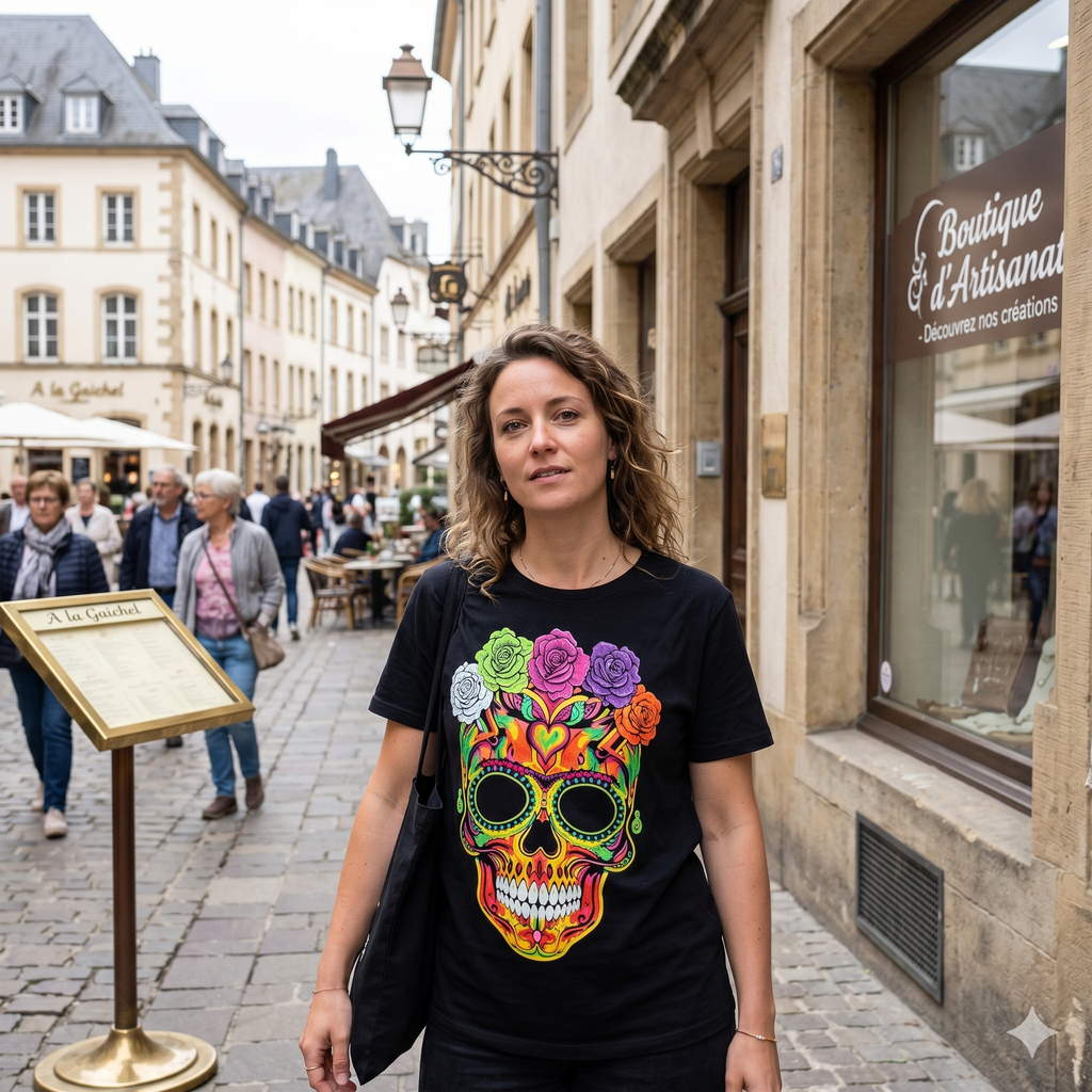 Femme portant un t-shirt noir unisexe avec un motif de crâne mexicain coloré et fleurs dans les rues historiques de Luxembourg.