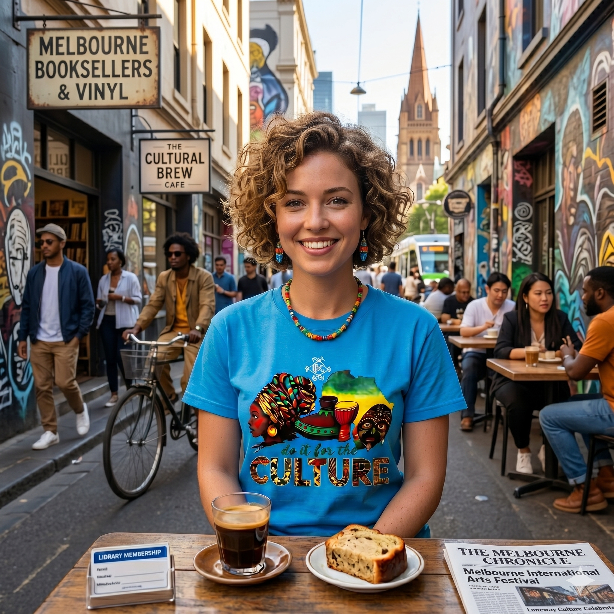 Femme de type caucasien portant le t-shirt bleu ciel des Ateliers BECCAR dans les rues de Melbourne, illustrant l'universalité de la marque "Do it for the Culture".