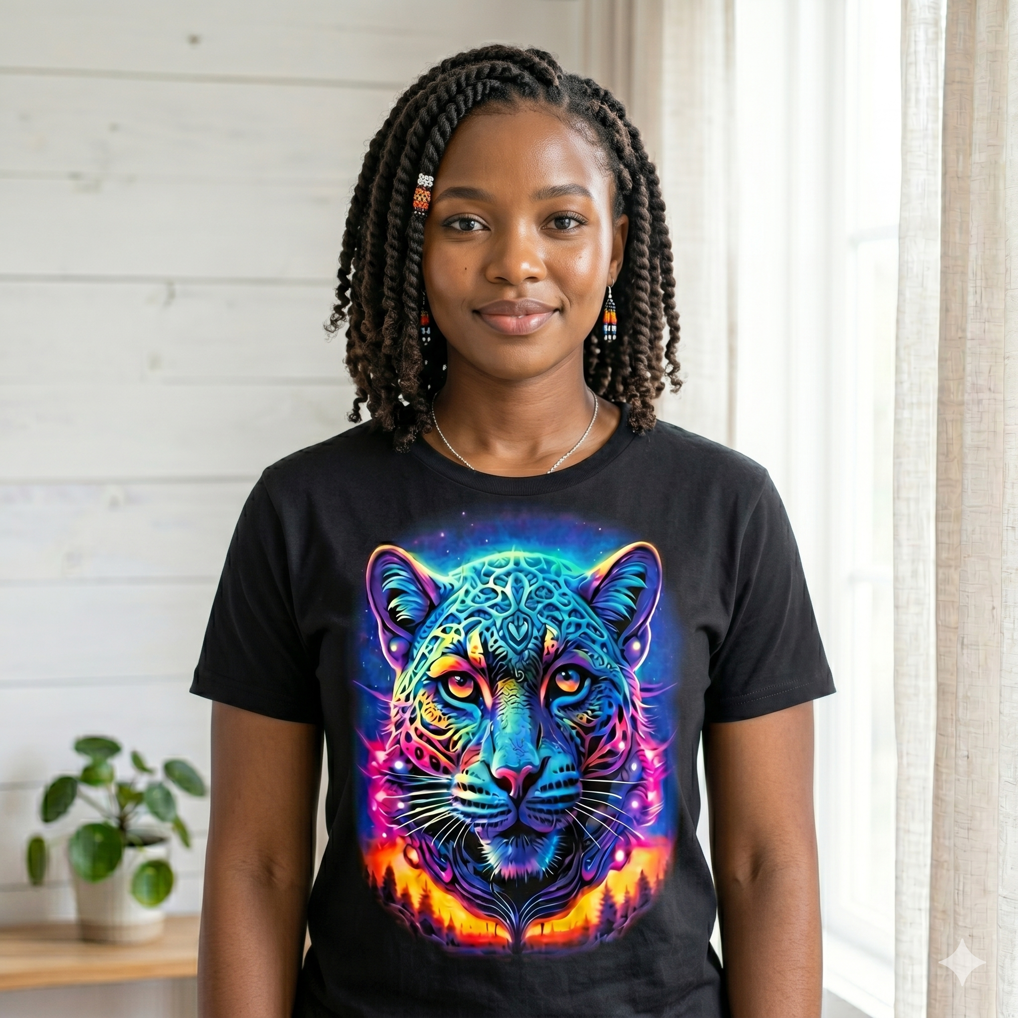 Jeune femme sud-africaine avec tresses portant le t-shirt Jaguar aux motifs géométriques et cosmiques, fond lumineux d'atelier de création.