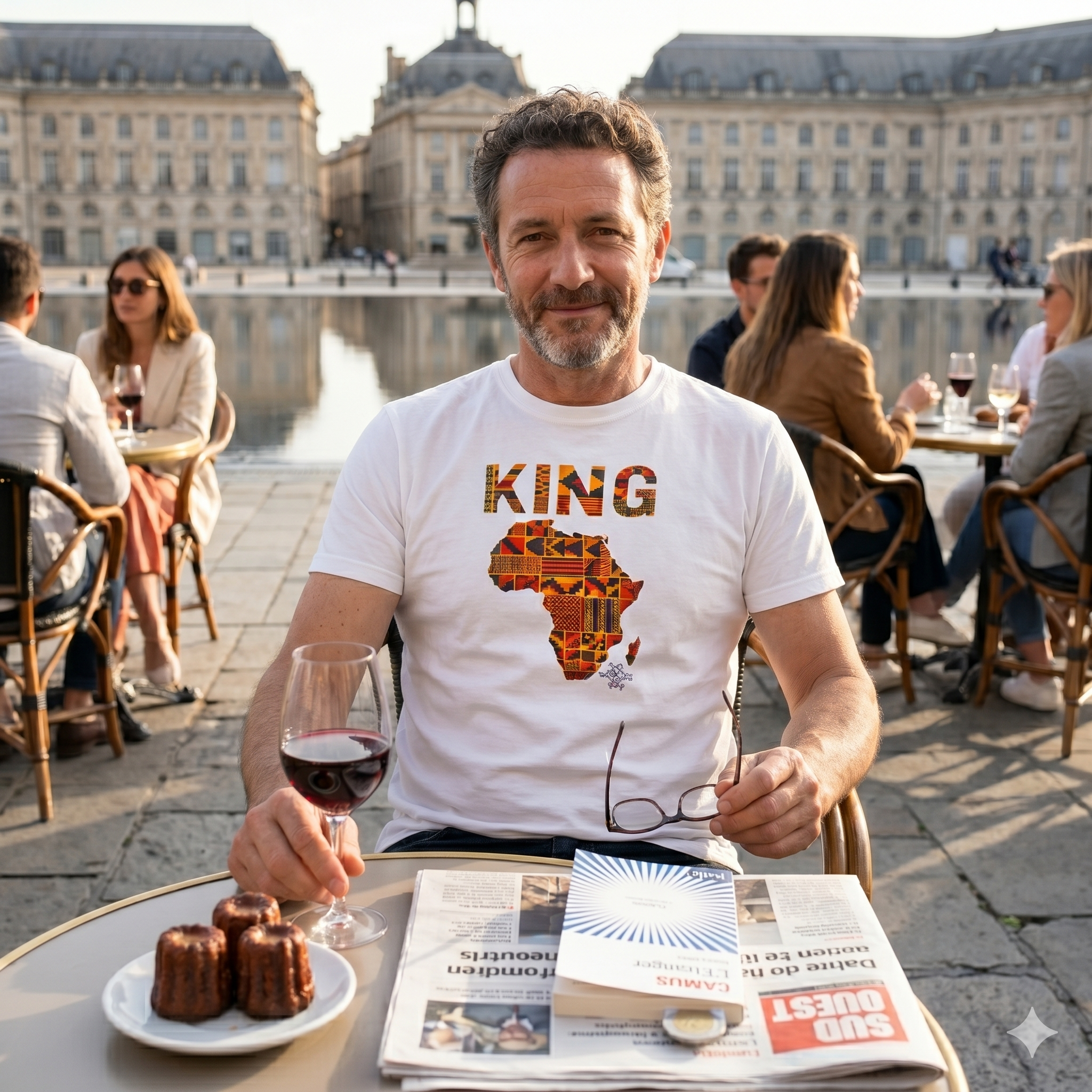 Modèle masculin à Bordeaux portant le t-shirt blanc King Africa, design épuré sans veste, parfait pour un look décontracté chic.
