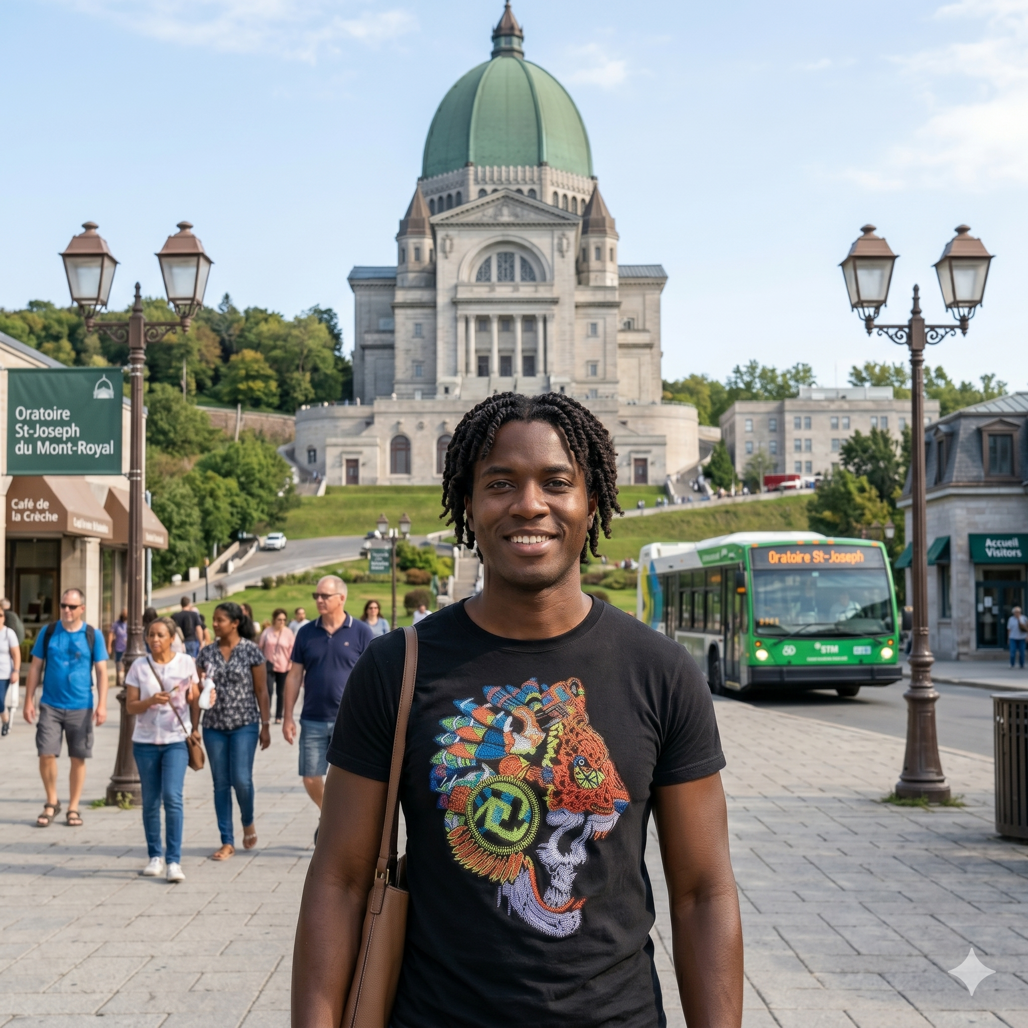 Jeune homme noir souriant devant l'Oratoire Saint-Joseph à Montréal portant un t-shirt noir Ateliers BECCAR, motif jaguar artistique aux détails vibrants.