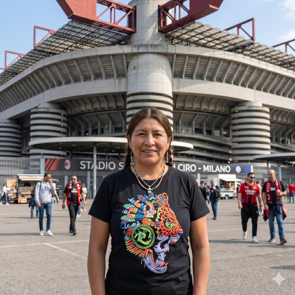 Femme  souriante devant l'Université de La Paz portant un t-shirt noir Ateliers BECCAR avec une broderie graphique de jaguar multicolore, style ethnique moderne.