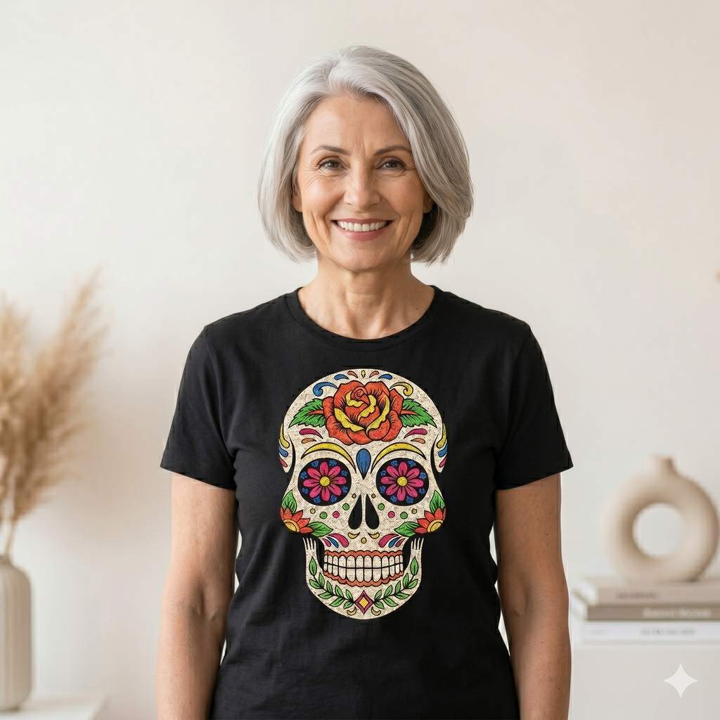 Femme mûre élégante aux cheveux gris portant un t-shirt noir avec motif Calavera coloré, démontrant le style universel et intemporel du vêtement.