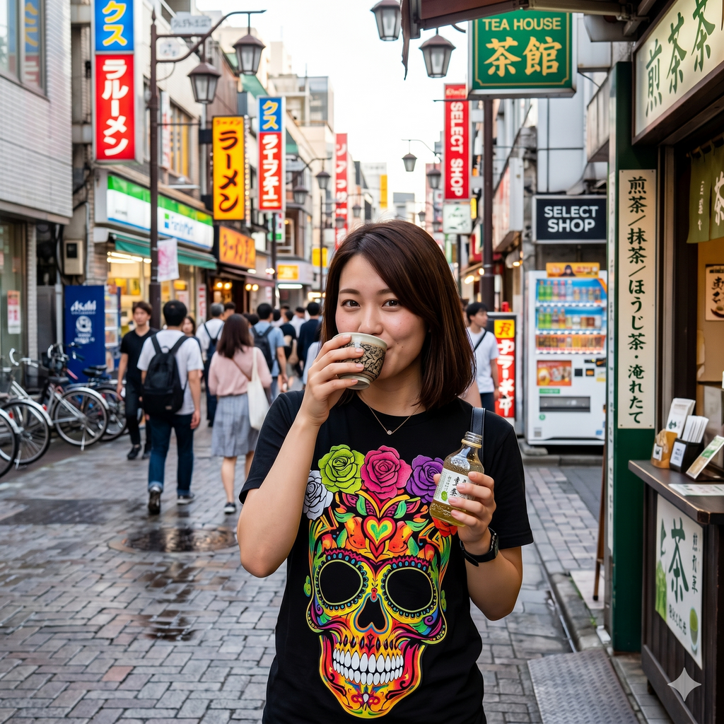 Jeune femme japonaise
dégustant un thé à Tokyo, vêtue du t-shirt noir avec design de crâne fleuri vibrant, format mode urbaine.