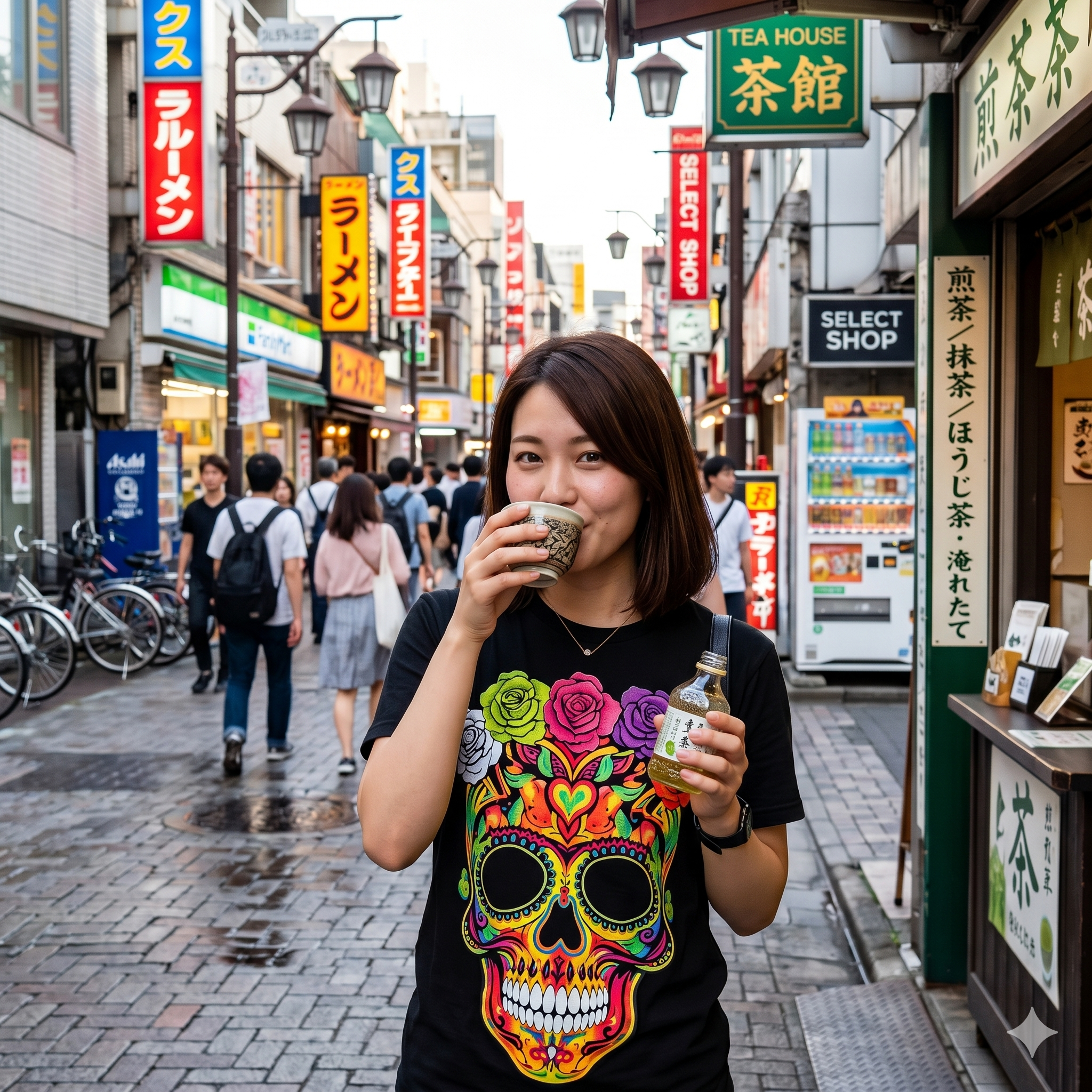 Jeune femme japonaise
dégustant un thé à Tokyo, vêtue du t-shirt noir avec design de crâne fleuri vibrant, format mode urbaine.