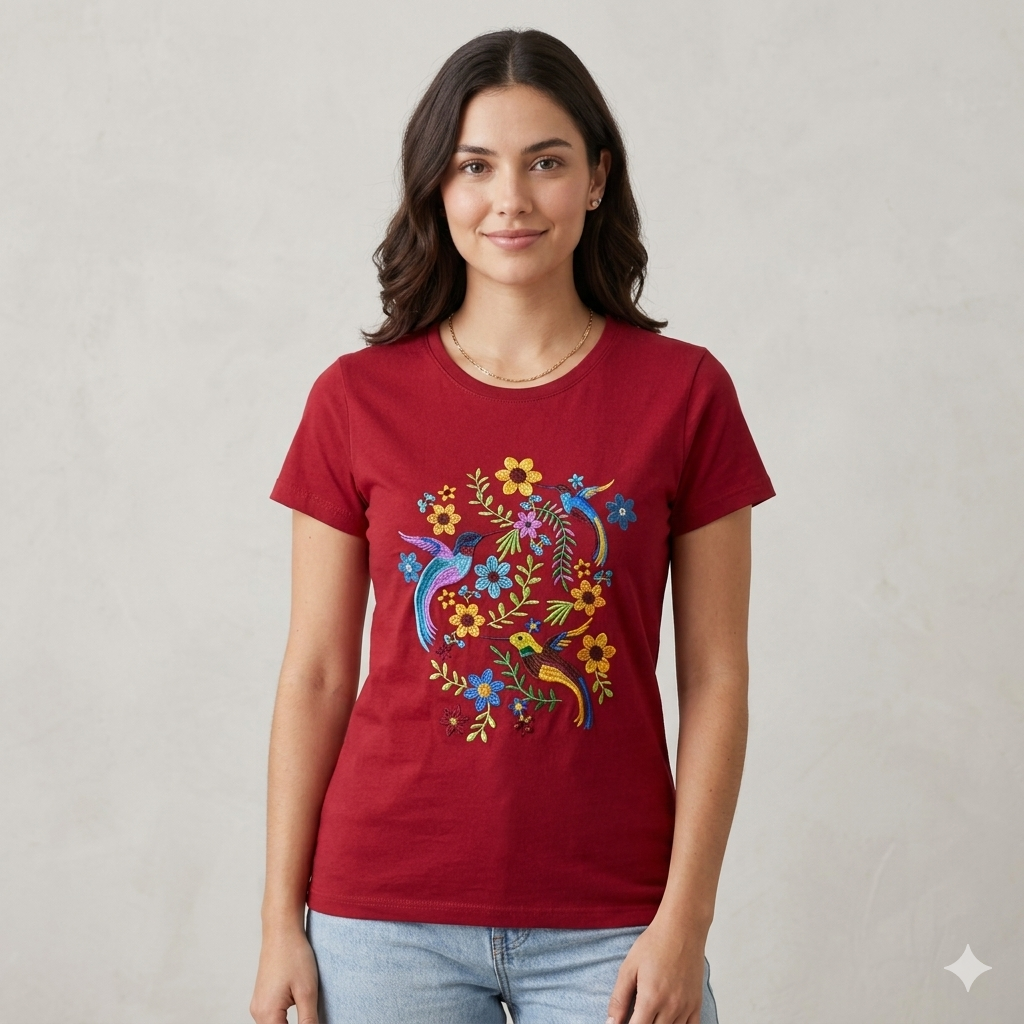 Jeune femme souriante portant le t-shirt rouge brodé avec un jean bleu, posant sur un fond neutre de studio.