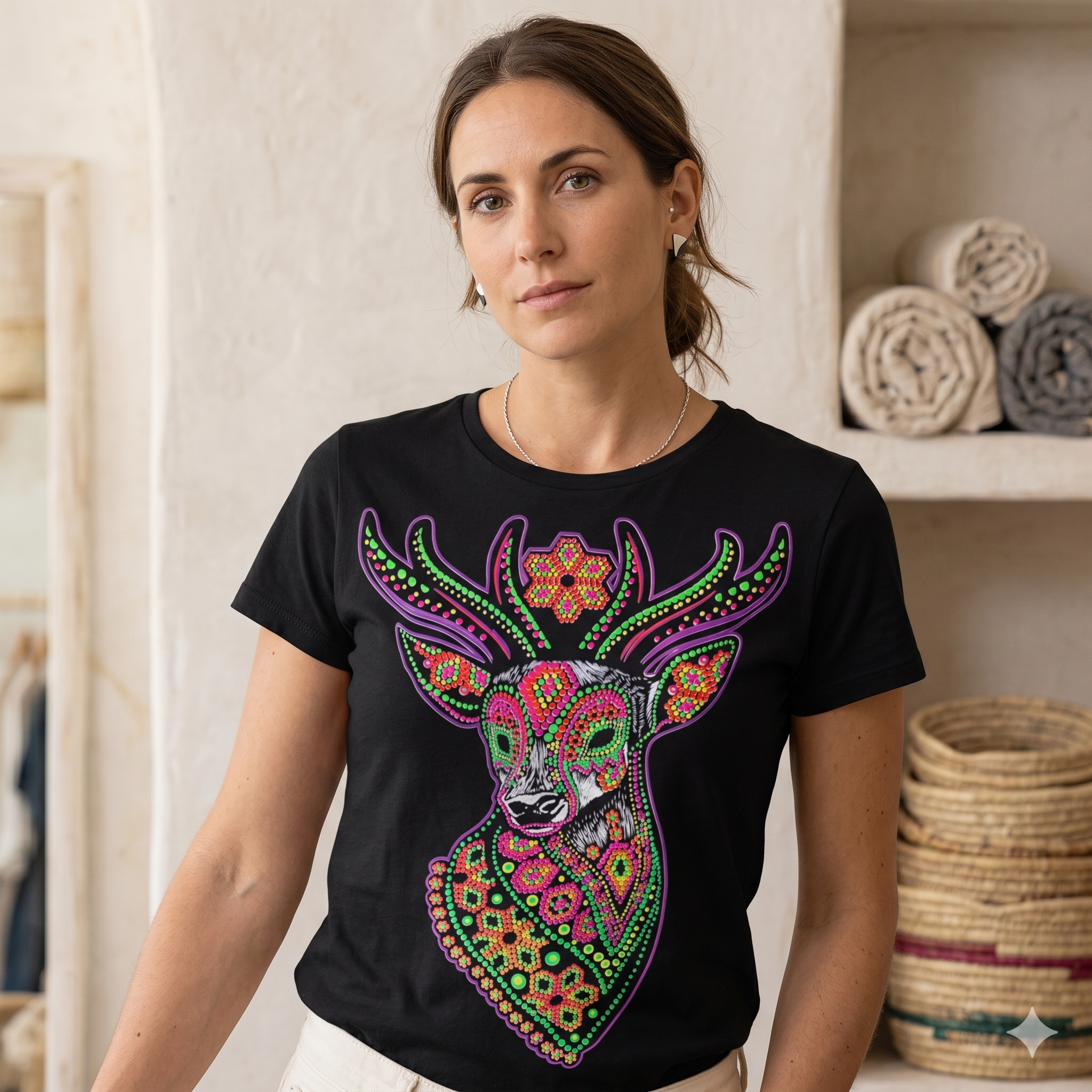 Mannequin femme portant le t-shirt noir "Cerf Mystique" des Ateliers Beccar, design graphique aux couleurs vibrantes sur fond neutre.