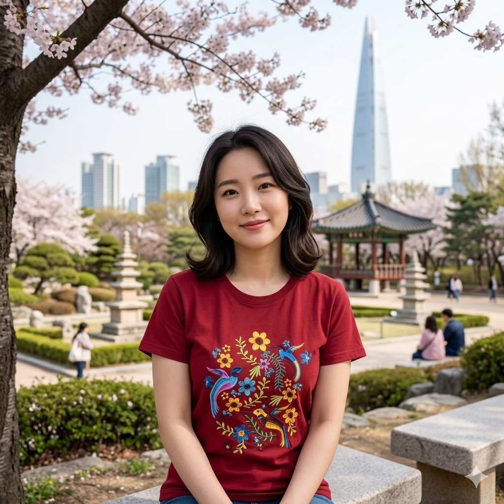 Femme posant dans un parc à Séoul avec des cerisiers en fleurs, portant le t-shirt rouge à motif de colibris avec la tour Lotte World en arrière-plan.