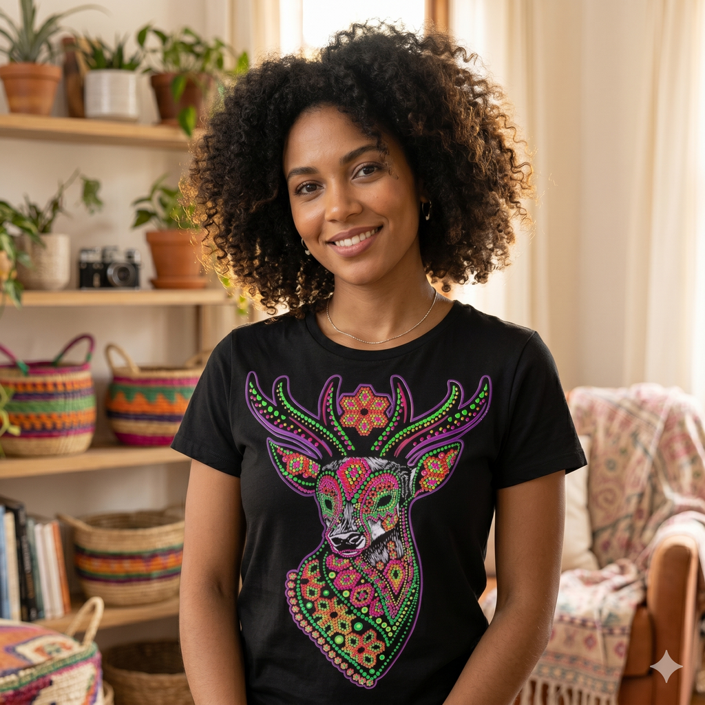 Femme aux cheveux frisés portant le t-shirt unisexe avec motif de cerf en pointillisme, ambiance intérieure chaleureuse et style décontracté.