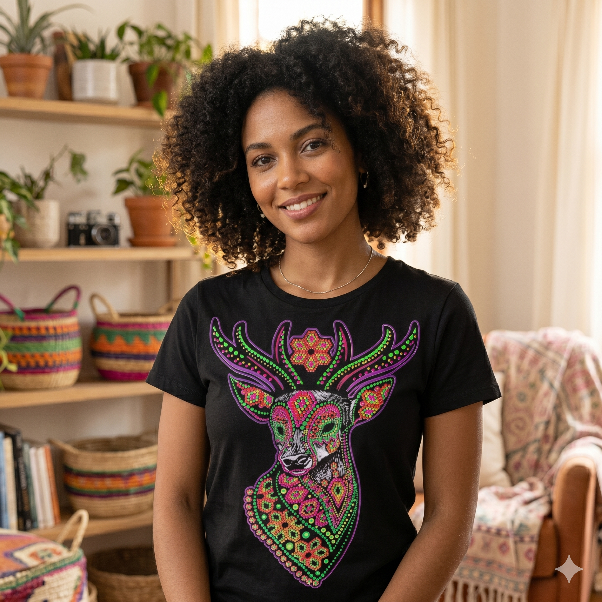 Femme aux cheveux frisés portant le t-shirt unisexe avec motif de cerf en pointillisme, ambiance intérieure chaleureuse et style décontracté.