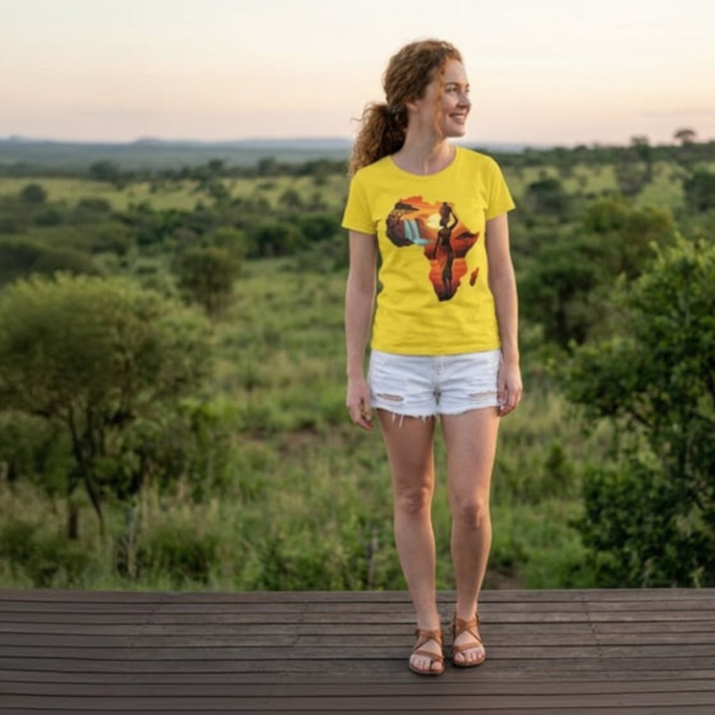 T-shirt femme jaune coupe classique avec design graphique Afrique – Mode masculine ethnique et moderne – Confortable et durable.