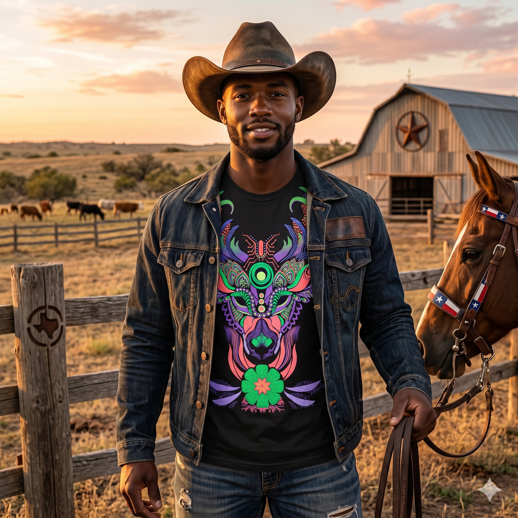 Homme  portant un chapeau de cowboy et une veste en jean sur le t-shirt noir au motif cerf néon des Ateliers Groupe Beccar, posant dans un ranch au Texas avec un cheval et une grange en arrière-plan.