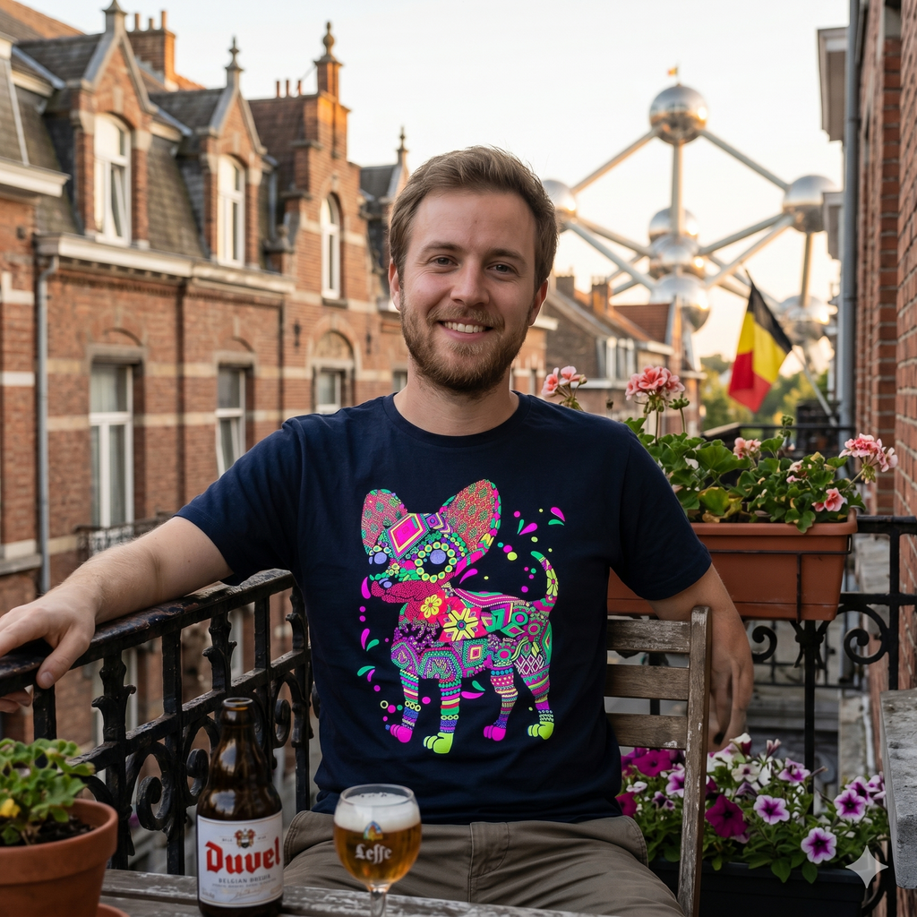 Homme barbu sur un balcon typique à Bruxelles avec l'Atomium en arrière-plan, portant un t-shirt noir au design de chihuahua géométrique et coloré.