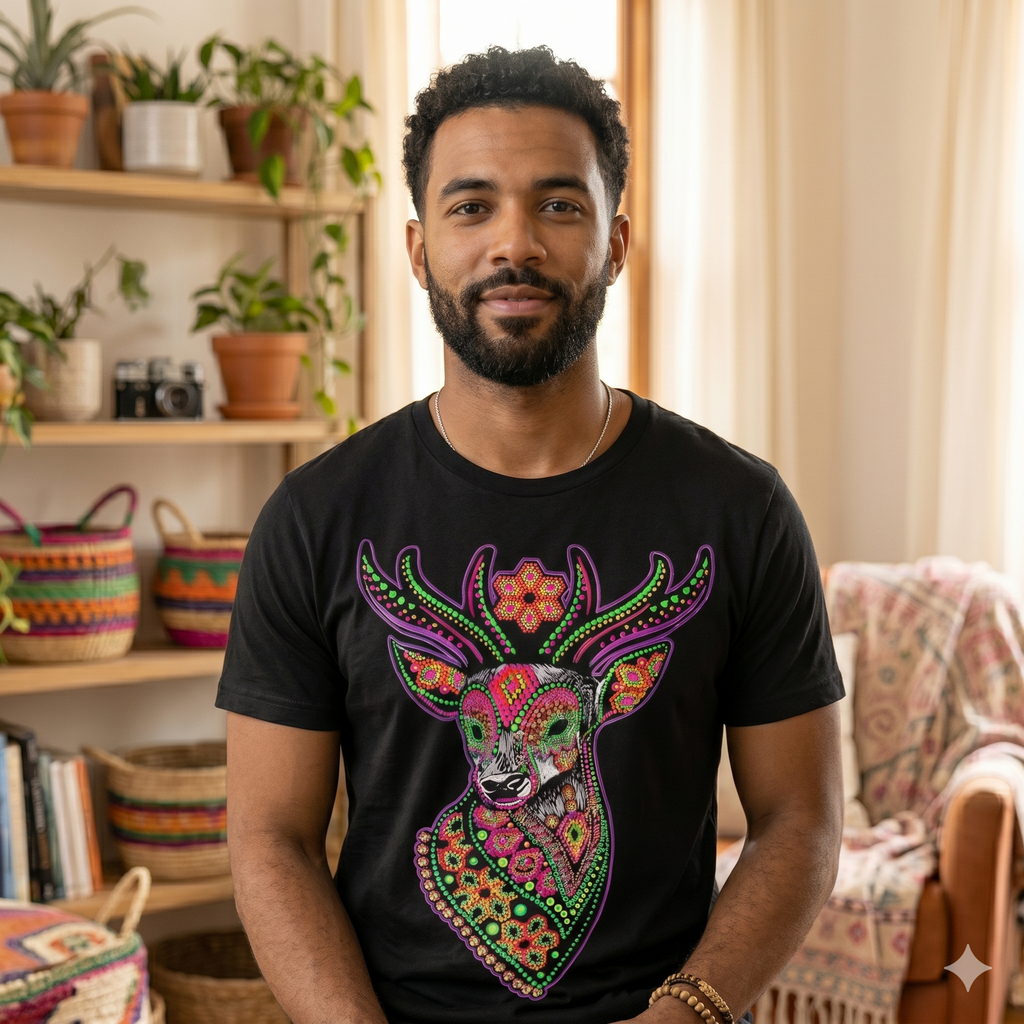 Jeune homme portant le t-shirt noir imprimé cerf artistique, coupe moderne et ajustée, idéal pour un look streetwear de créateur.