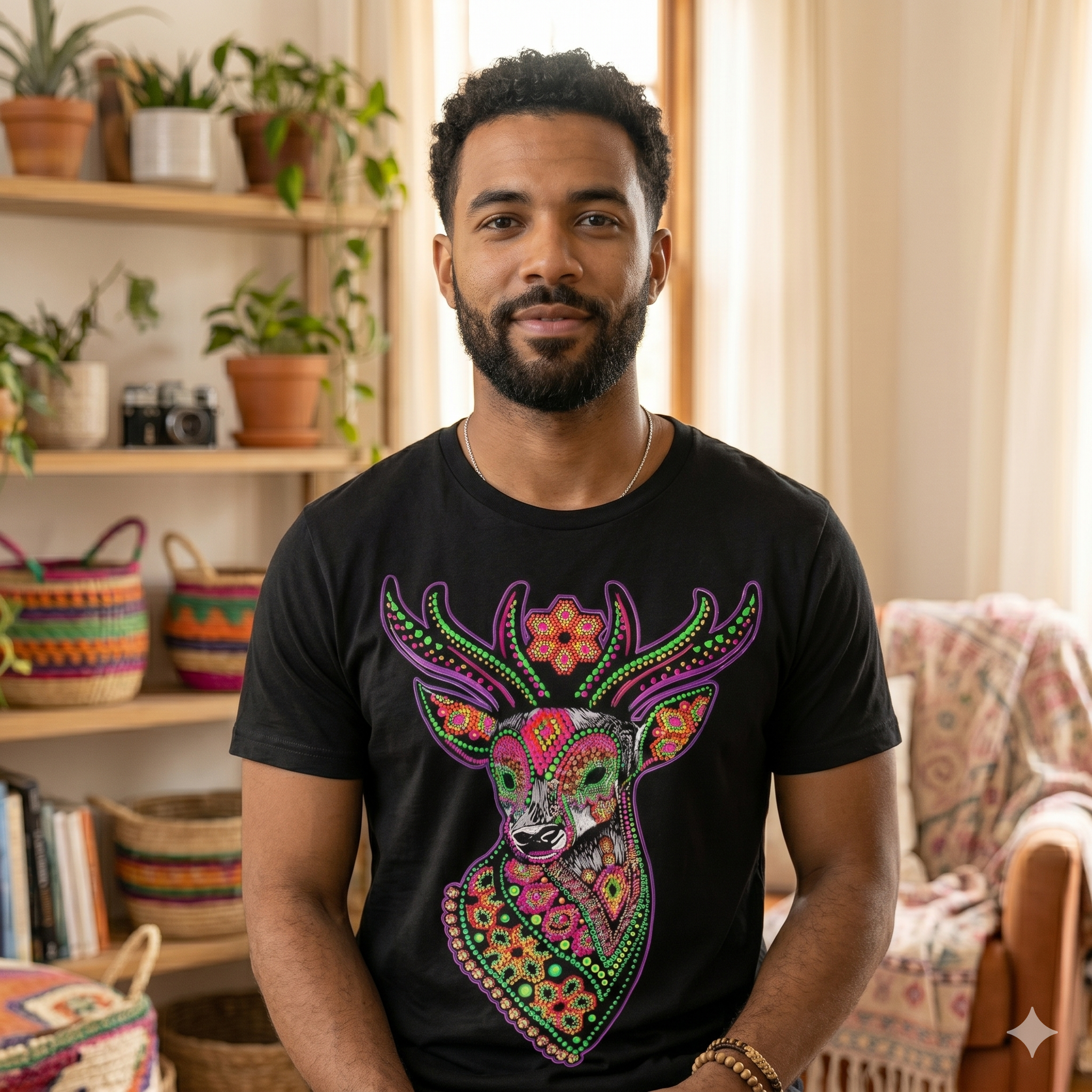 Jeune homme portant le t-shirt noir imprimé cerf artistique, coupe moderne et ajustée, idéal pour un look streetwear de créateur.