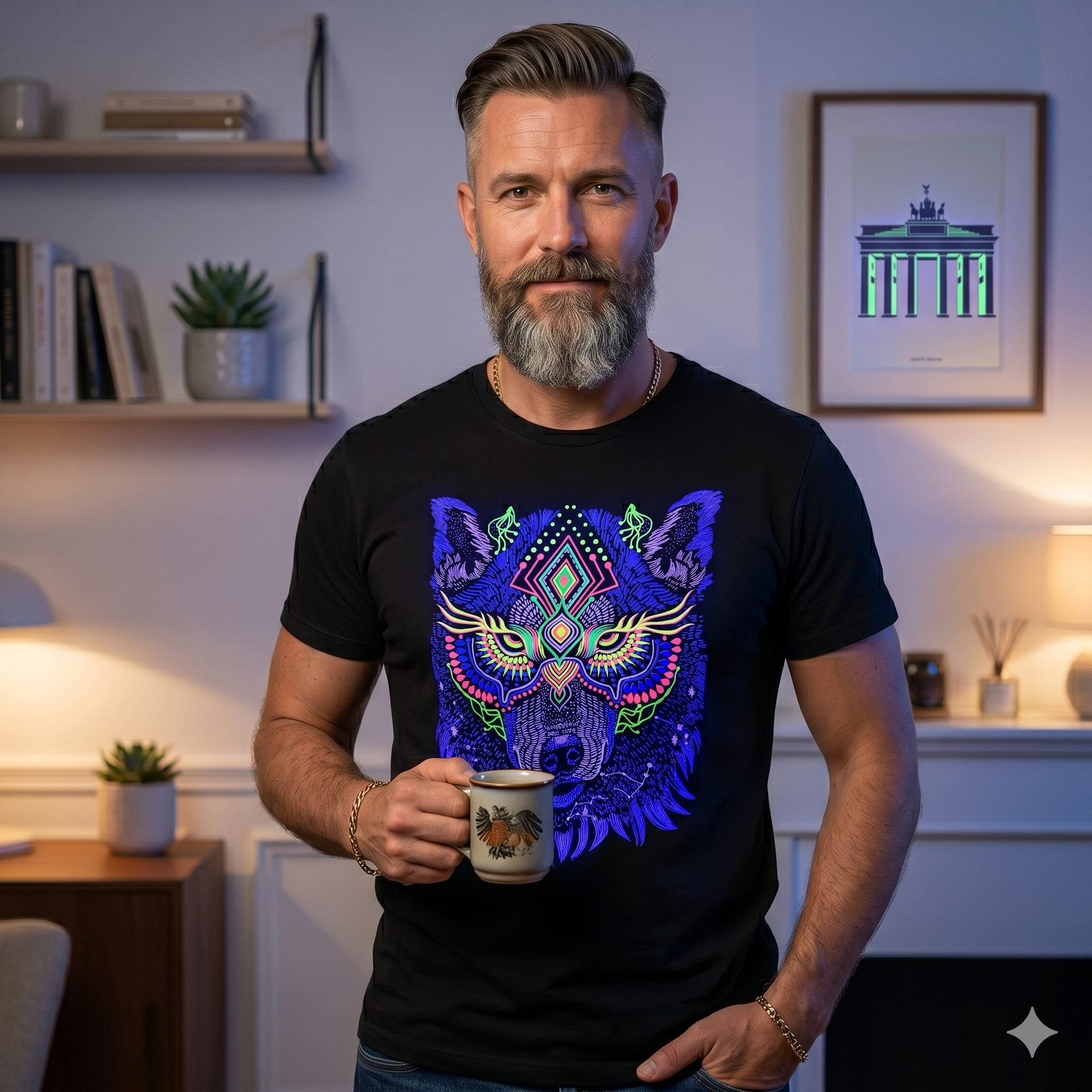 Portrait d'un homme barbu portant le t-shirt loup graphique aux couleurs ultraviolettes, tenant une tasse dans un intérieur contemporain.