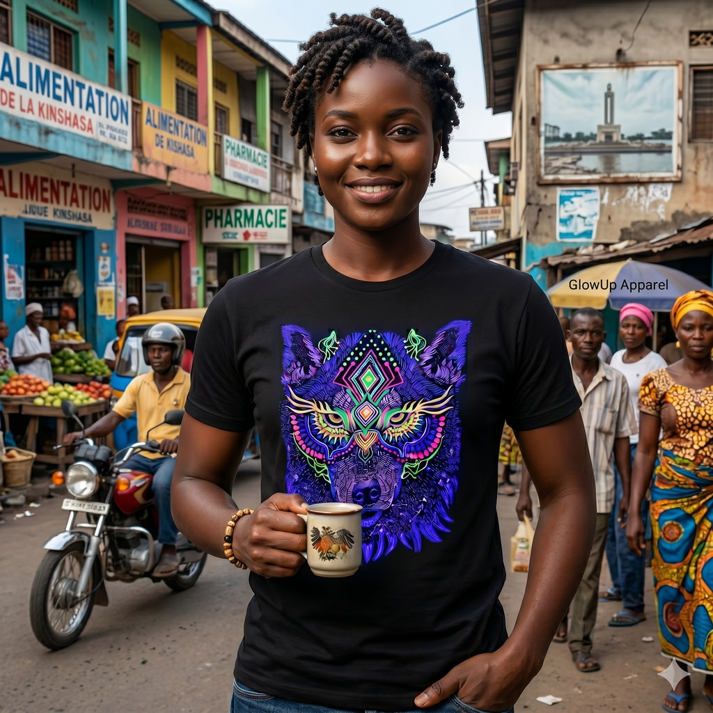 Femme congolaise dans une rue animée de Kinshasa portant un t-shirt noir arborant un loup aux motifs géométriques fluorescents.