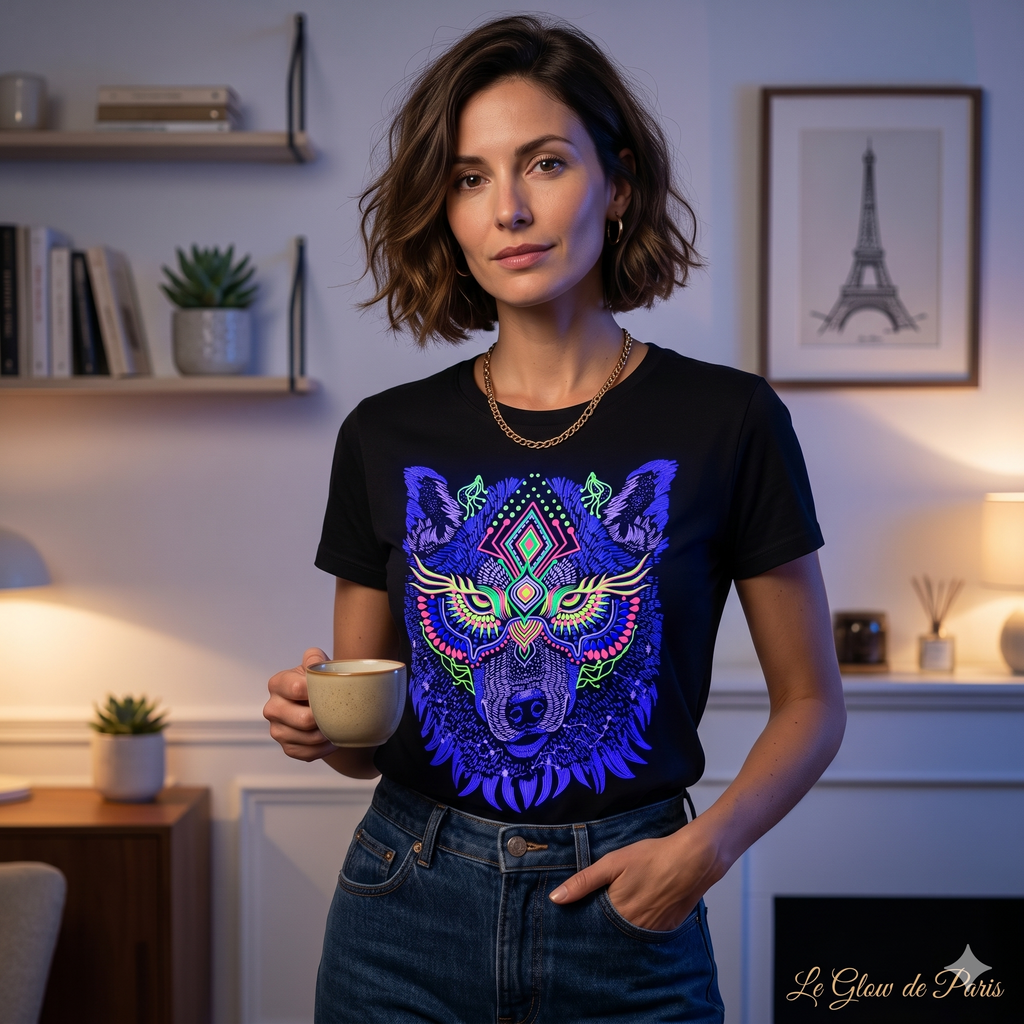 jeune femme brune à Paris portant un t-shirt noir avec un motif de loup artistique aux couleurs néon fluorescentes (violet, vert, rose).