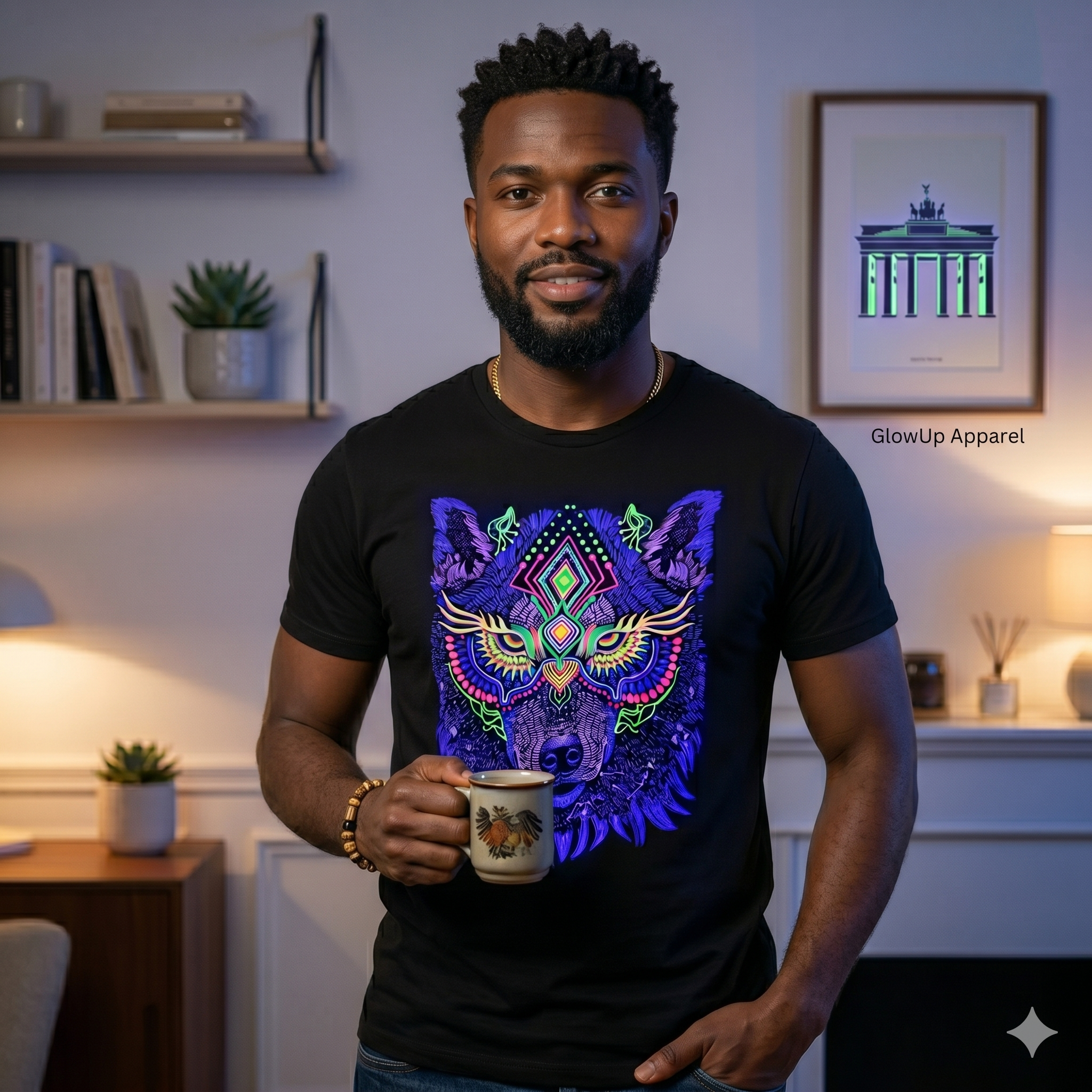 Homme souriant de face portant un t-shirt noir avec une illustration de loup stylisée en mode "glow in the dark" (luminescent)