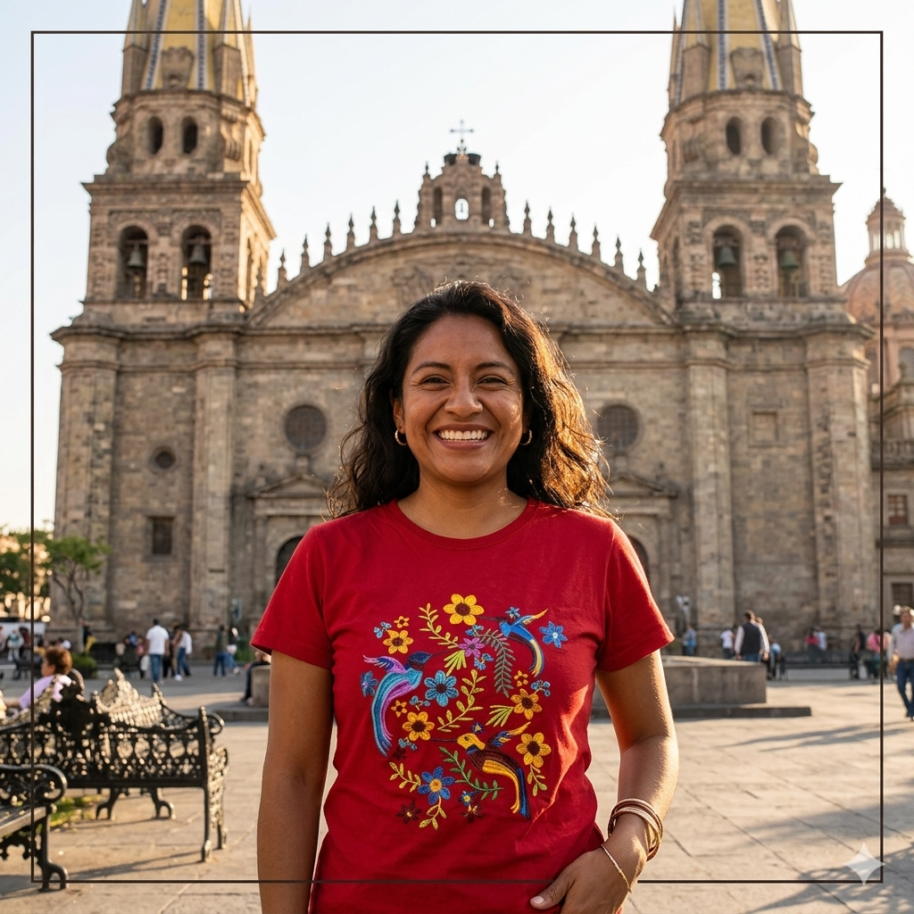 Femme mexicaine radieuse portant le t-shirt rouge brodé devant l'architecture historique de la cathédrale de Guadalajara au Mexique.