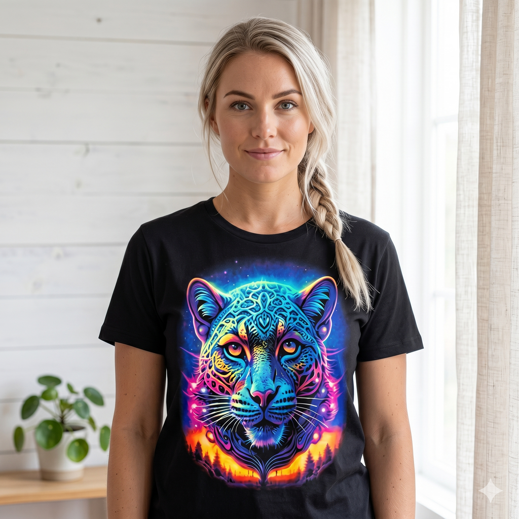 Femme blonde de style suédois portant un t-shirt noir avec un graphique de jaguar psychédélique coloré, format carré pour boutique Shopify.