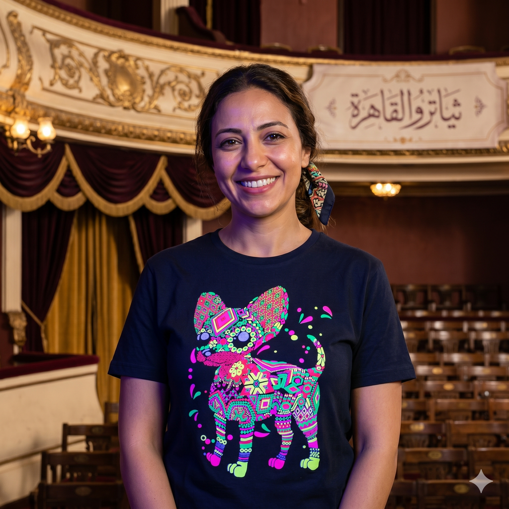 Jeune femme égyptienne souriante portant un t-shirt noir avec un motif de chihuahua coloré de style mosaïque, posant dans un théâtre historique au Caire.