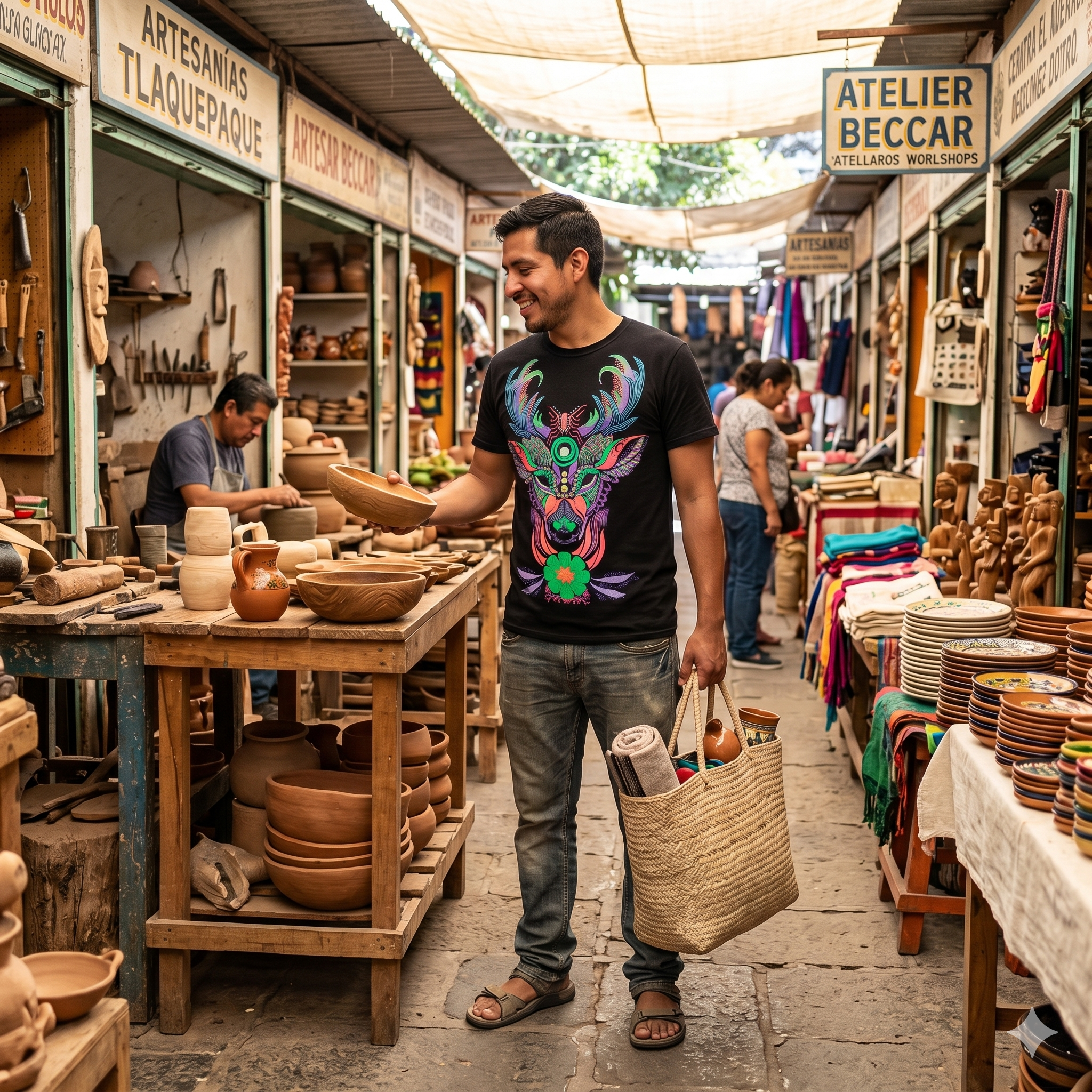 Homme admirant de l'artisanat dans un atelier, portant le t-shirt exclusif Beccar avec un motif de cerf aux lignes symétriques et couleurs fluorescentes.