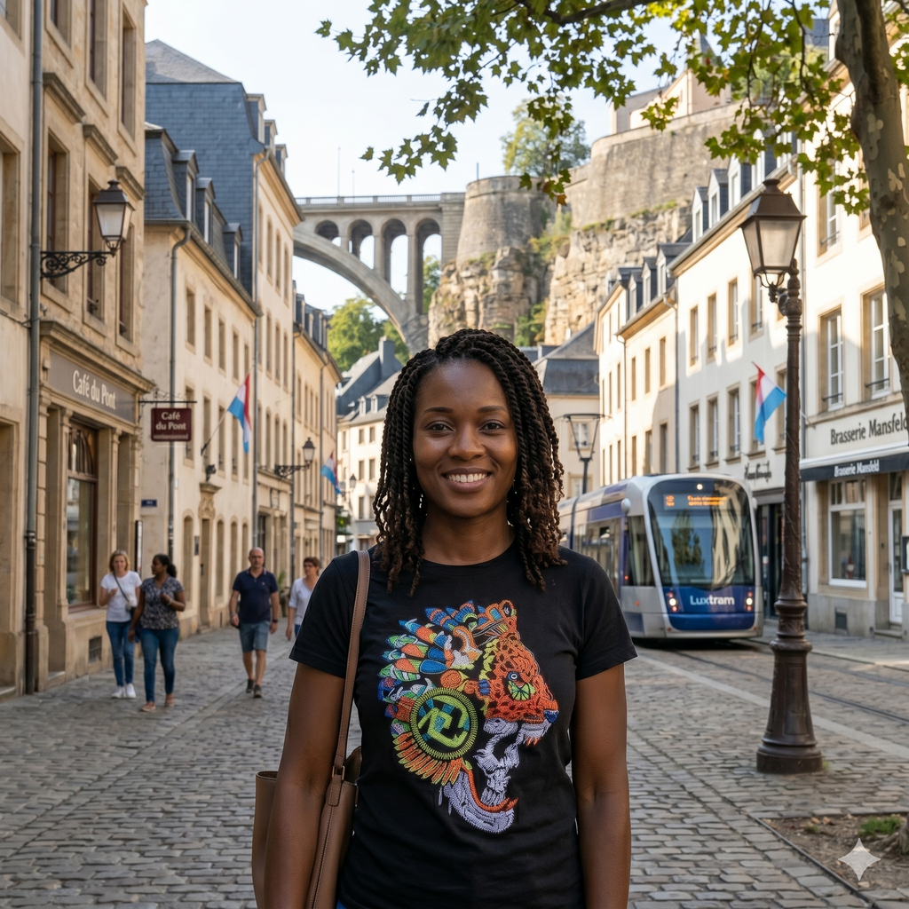 Jeune belle  femme dans les rues pavées du Luxembourg arborant un t-shirt noir haut de gamme Ateliers BECCAR avec illustration de jaguar en fils colorés.