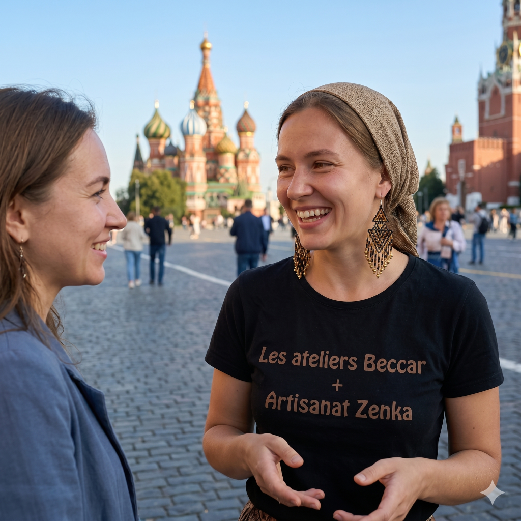 Deux femmes discutant sur la Place Rouge à Moscou, l'une portant un t-shirt noir avec l'inscription marron Les Ateliers Beccar et Artisanat Zenka, ainsi que des boucles d'oreilles ethniques dorées.