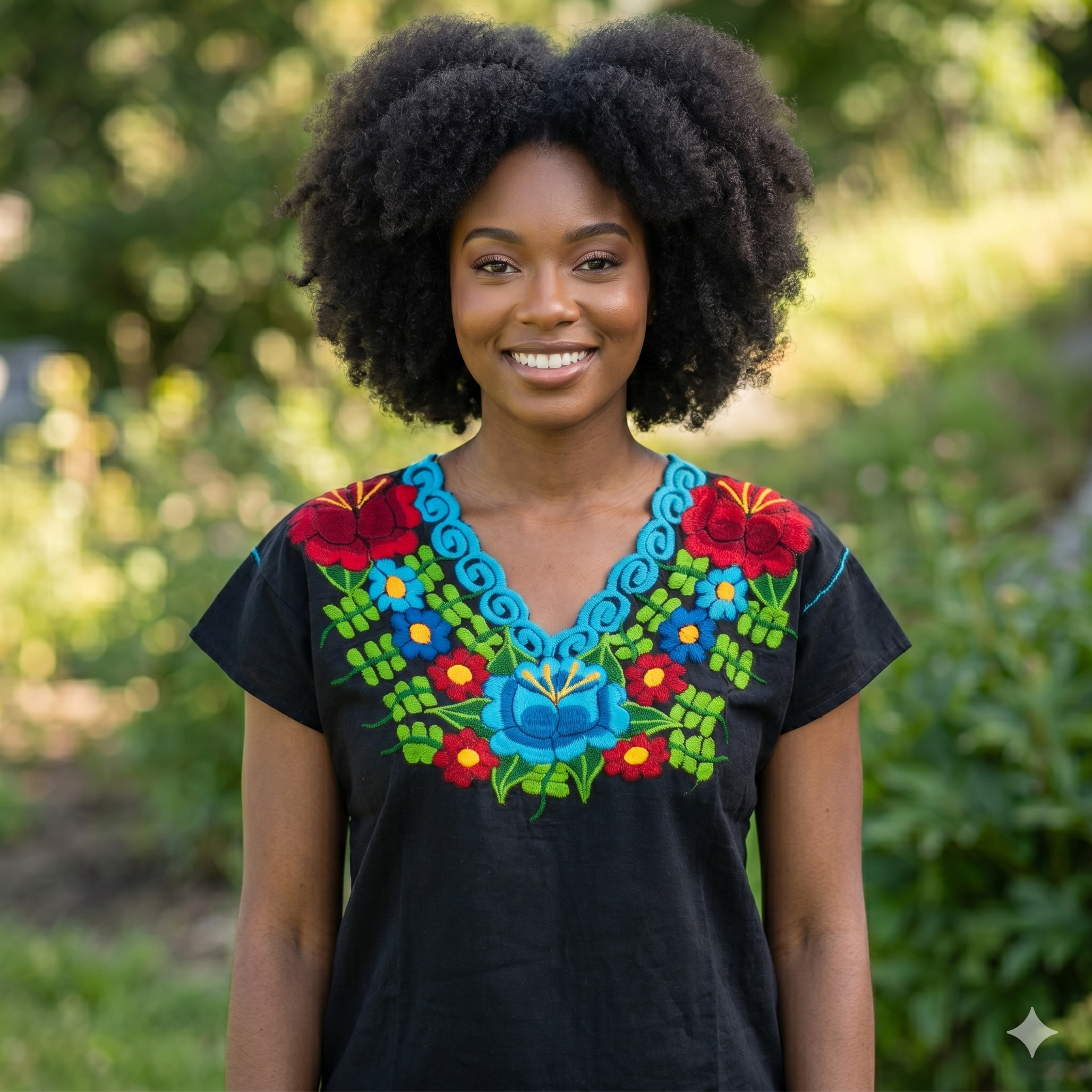 Femme très jolie avec coiffure afro portant un top noir brodé main aux motifs floraux colorés, mode artisanale et inclusive.