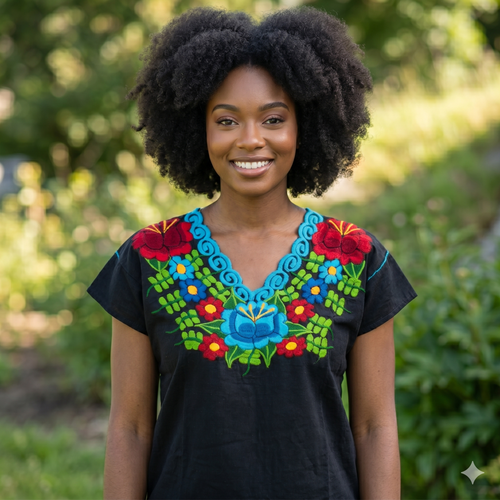 Femme très jolie avec coiffure afro portant un top noir brodé main aux motifs floraux colorés, mode artisanale et inclusive.