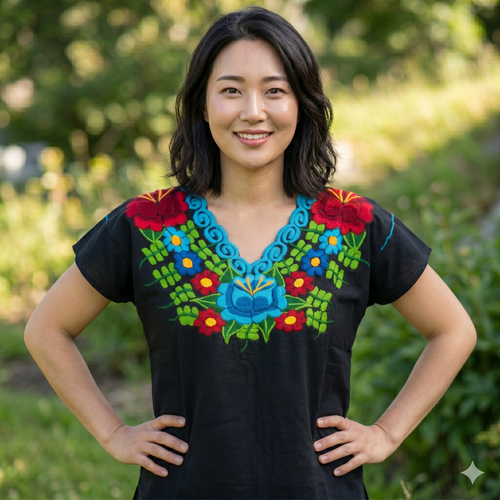 Jeune  belle femme  portant une tunique noire artisanale avec broderies de fleurs vives, vêtement éco-responsable au design universel.