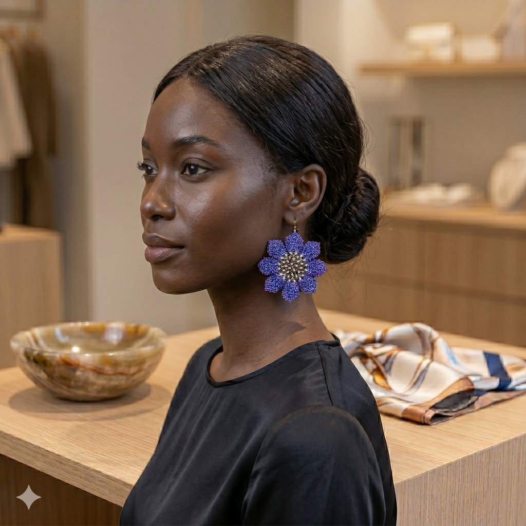 Gros plan de profil d'une femme souriante portant les boucles d'oreilles fleurs en perles bleues, mettant en valeur l'éclat du bijou.
