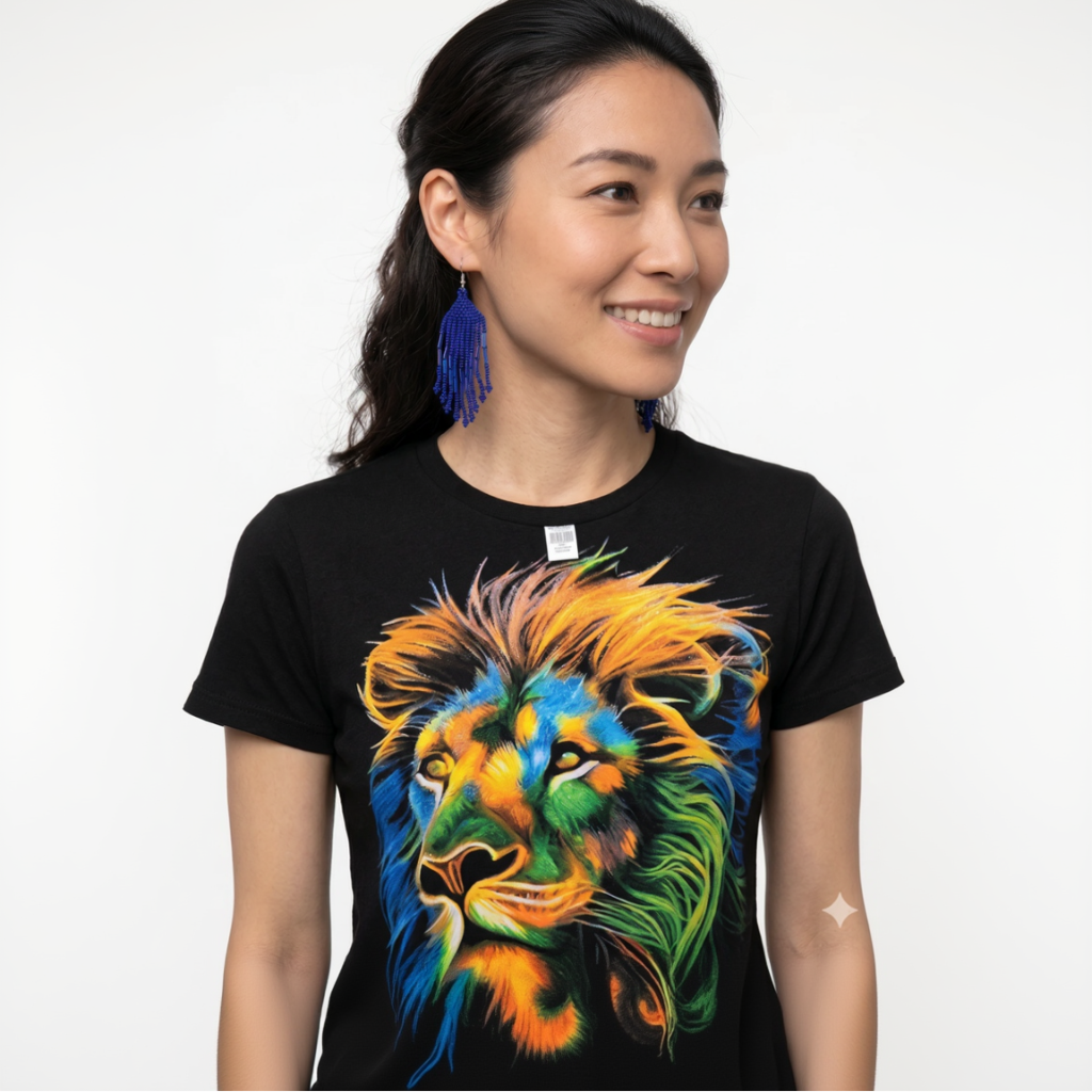 Mannequin du monde portant les boucles d'oreilles bleues et un t-shirt noir avec motif lion coloré.