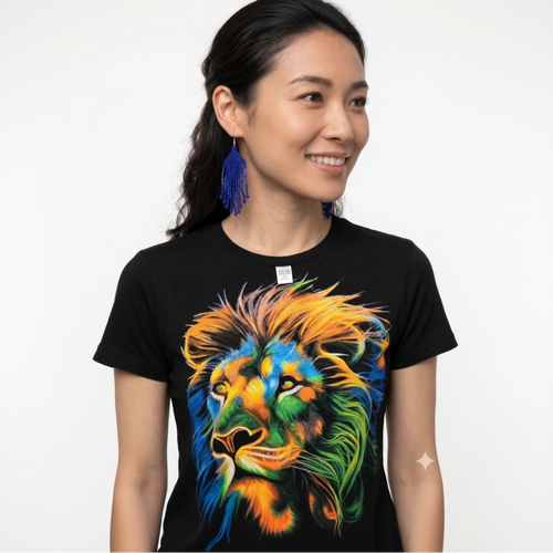 Mannequin du monde portant les boucles d'oreilles bleues et un t-shirt noir avec motif lion coloré.