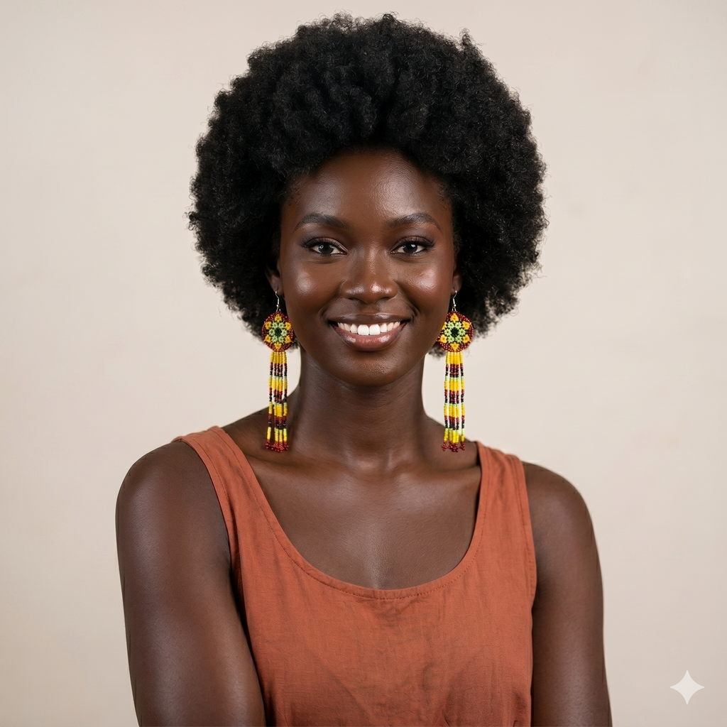 Mannequin femme élégante avec coiffure afro portant des boucles d'oreilles pendantes en perles colorées, mettant en valeur un design ethnique et moderne."