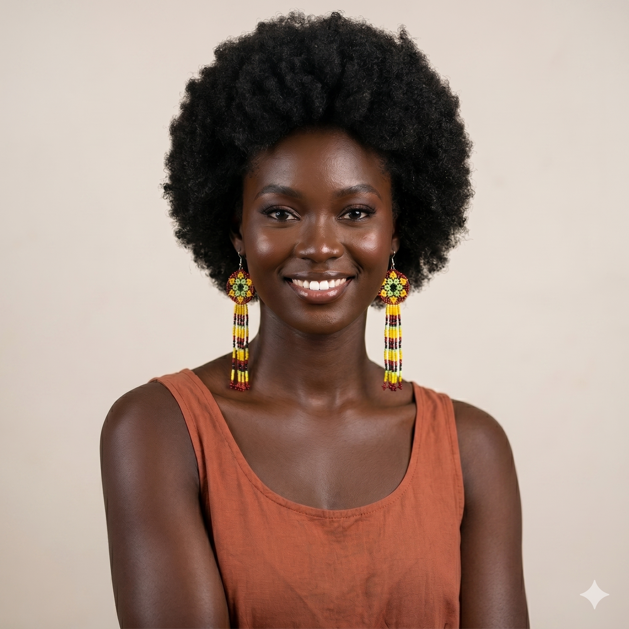 Mannequin femme élégante avec coiffure afro portant des boucles d'oreilles pendantes en perles colorées, mettant en valeur un design ethnique et moderne."
