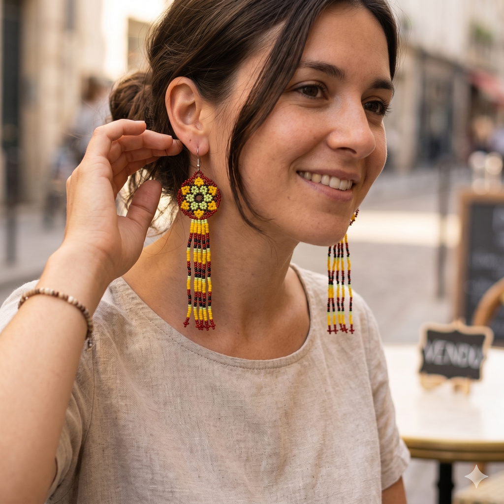"Femme portant des boucles d'oreilles artisanales à franges en perles de rocaille rouges et jaunes, style bohème chic pour un look d'été."