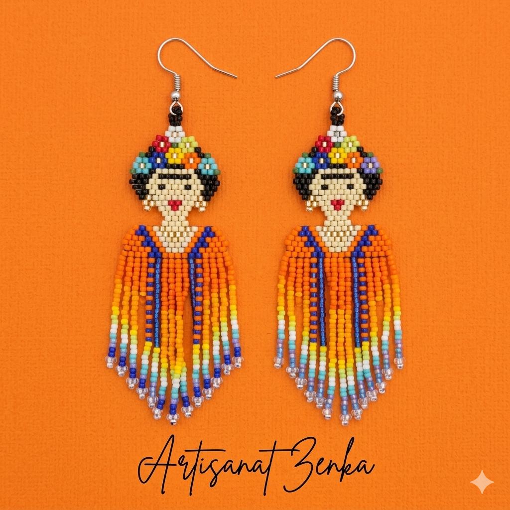 boucles d'oreilles Frida Kahlo sur fond orange vibrant avec la signature Artisanat Zenka, format carré pour boutique en ligne.