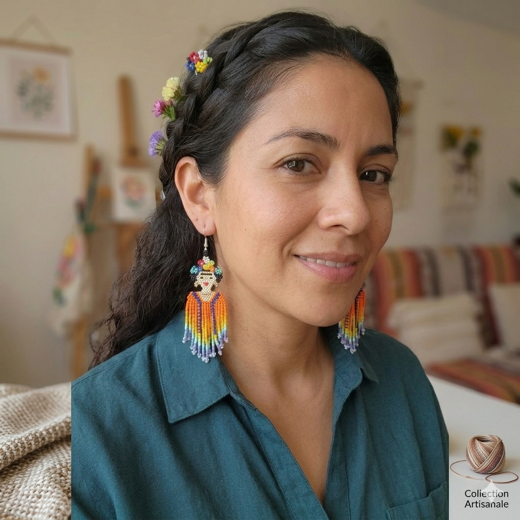 Gros plan sur des boucles d'oreilles artisanales Frida Kahlo en perles de rocaille avec franges colorées et tiges en argent, création Artisanat Zenka.