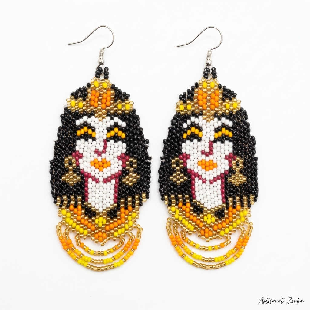 Paire de boucles d'oreilles artisanales en perles représentant un visage stylisé avec détails orange et noir, montées sur des tiges en argent, présentées sur un fond blanc professionnel pour Artisanat Zenka.