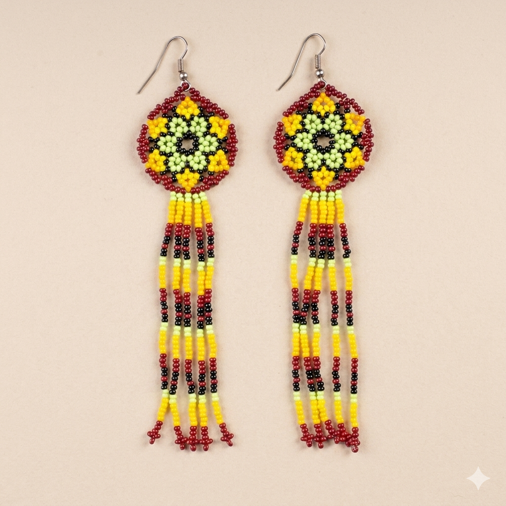 "Vue détaillée de face des boucles d'oreilles en perles de rocaille tissées main, motifs floraux et franges rouges, jaunes et noires sur fond neutre."