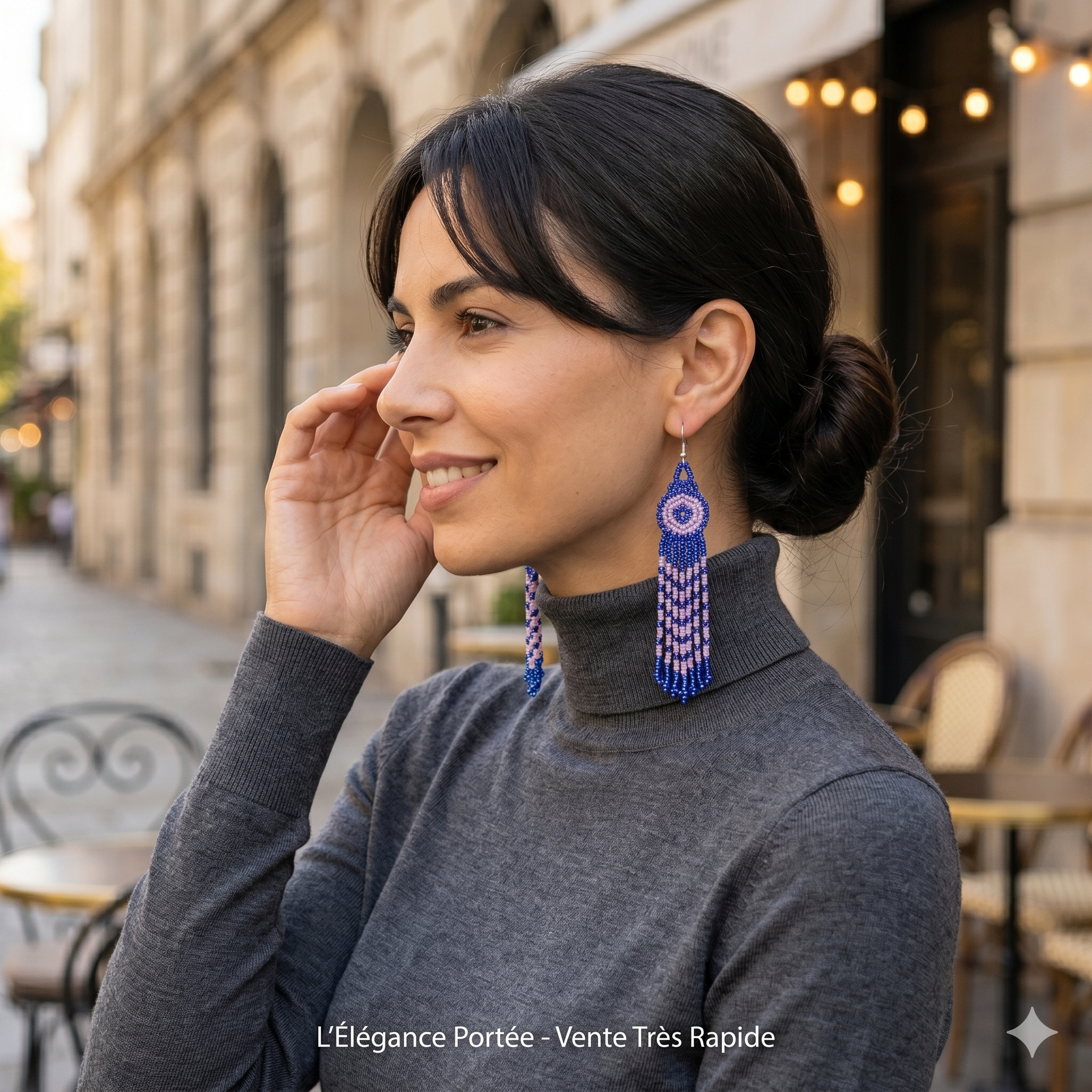 ortrait de face d'une femme portant des boucles d'oreilles artisanales à franges bleues devant un présentoir de bijoux.