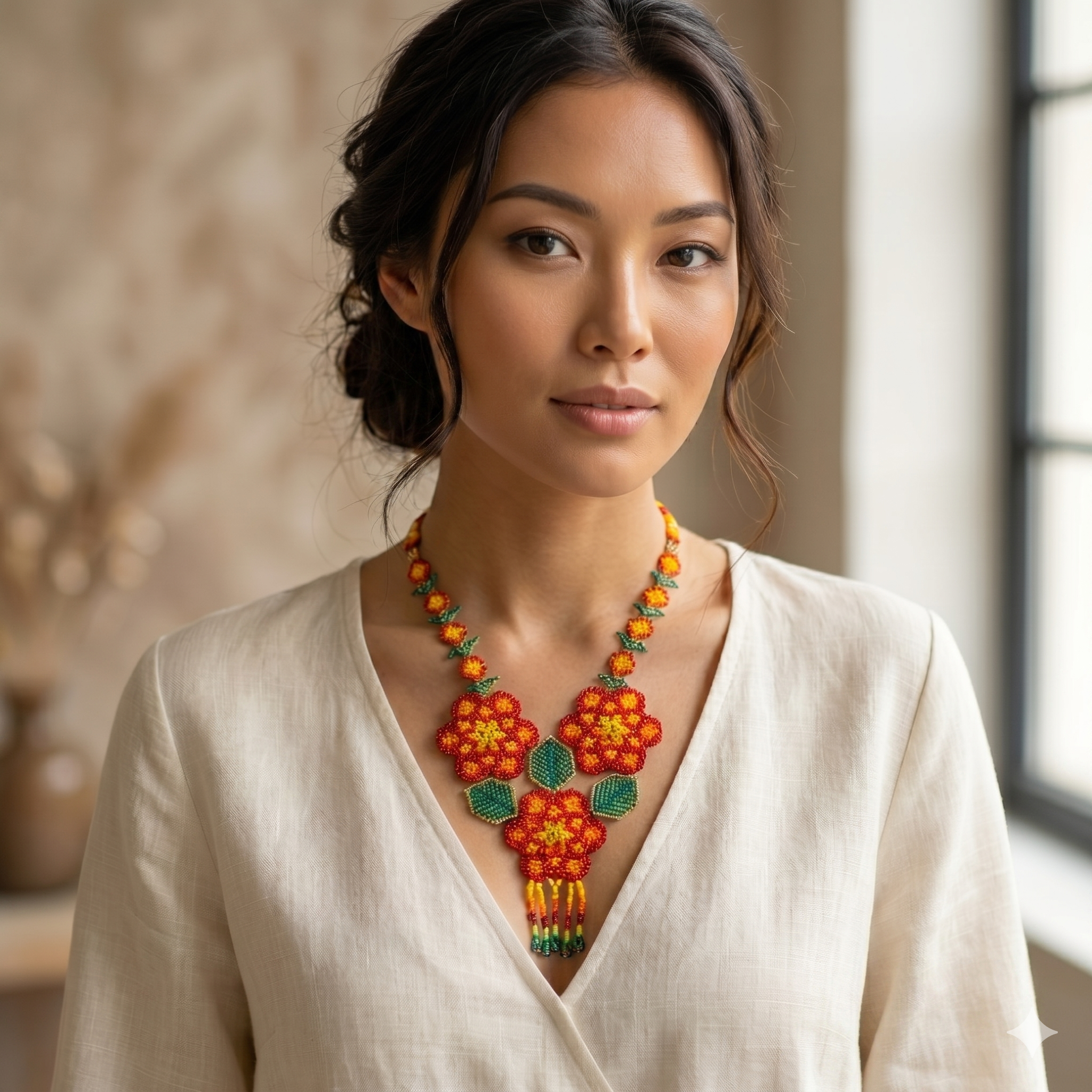 Collier plastron artisanal en perles aux motifs de fleurs rouges et oranges porté par une femme sur un vêtement en lin blanc, style bohème chic et élégant.