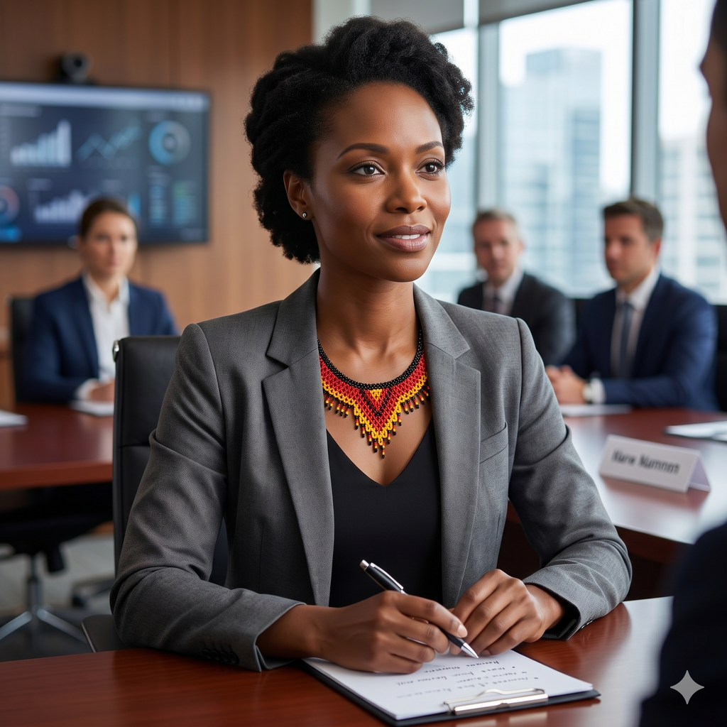 Femme d'affaires élégante portant un collier plastron artisanal en perles rouges et jaunes en réunion, illustrant la mode corporative créative des Ateliers Beccar.