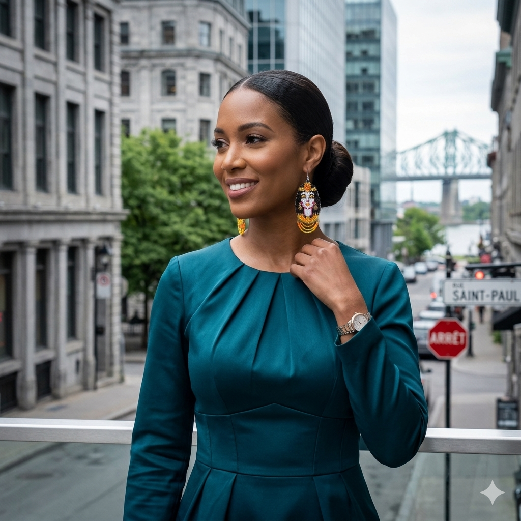 Portrait d'une femme d'affaires souriante à Montréal portant les boucles d'oreilles perlées Artisanat Zenka avec une robe élégante, mettant en valeur le bijou dans un cadre urbain.