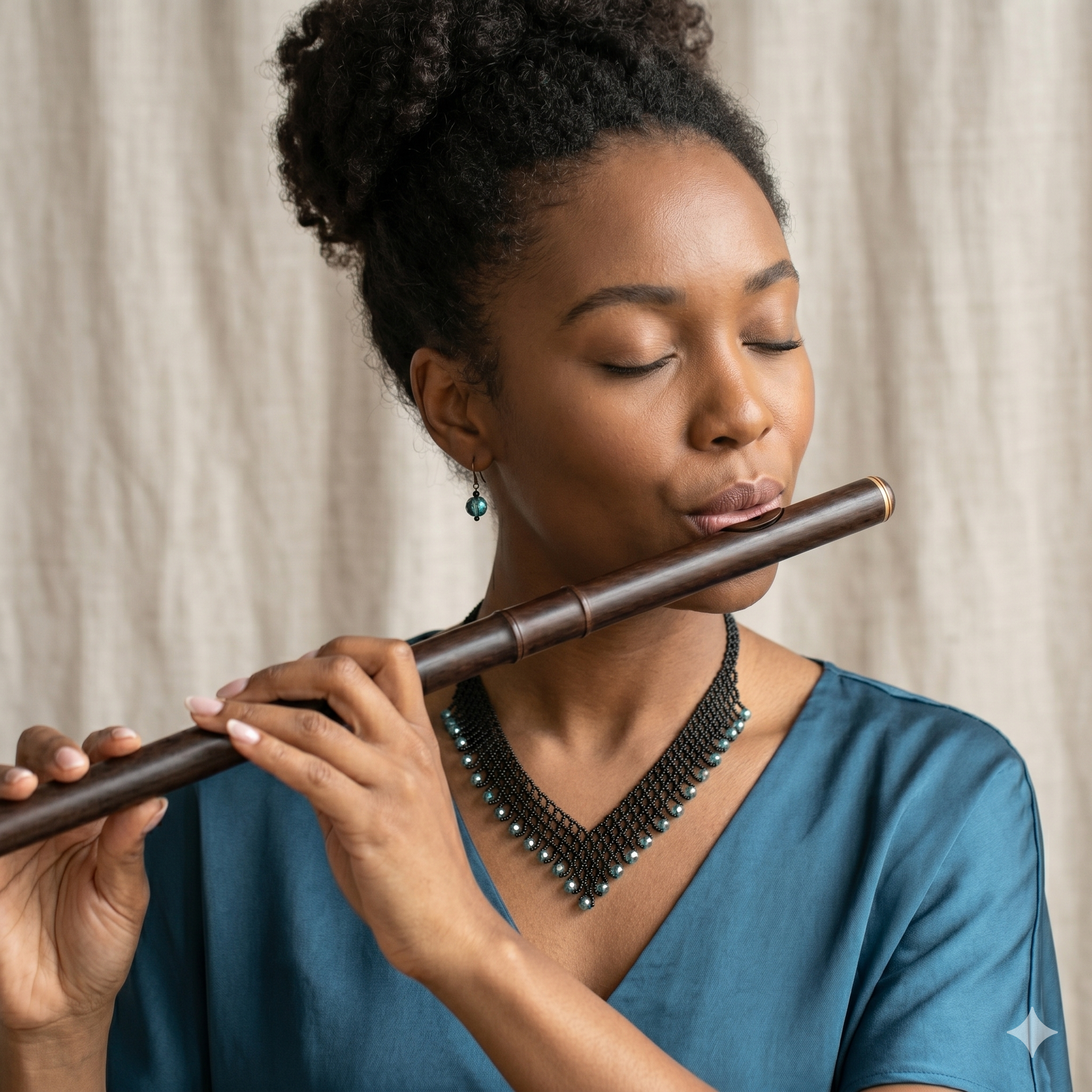 ortrait d'une femme magnifique jouant de la flûte traversière en bois, arborant un collier plastron en perles noires de style bohème chic.